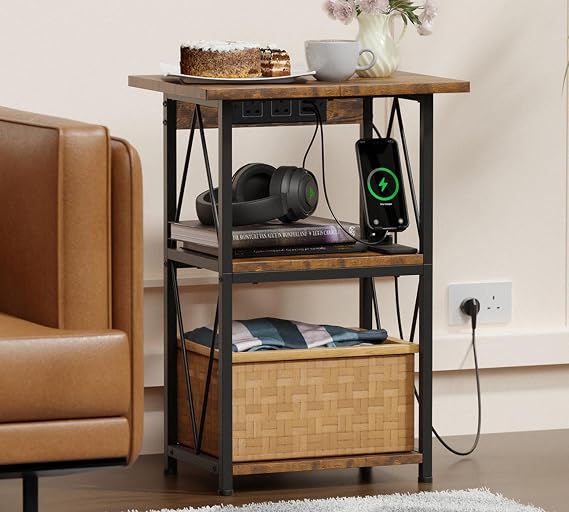 HFHOME 2025 Upgraded Extended Tabletop Record Player Stand with Charging Station, 3 Tier End Table with Vinyl Record Storage, Turntable Stand for Vinyl Player in Living Room Bedroom
