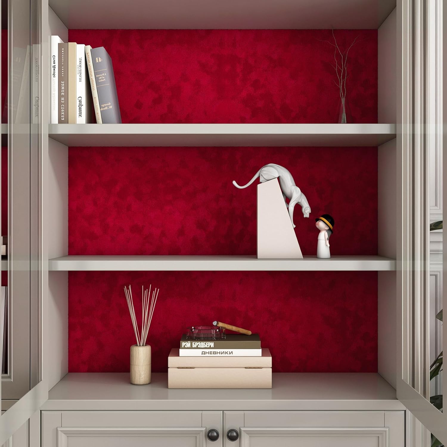 Decotalk Velvet Adhesive Shelf Liner - Dark Red Shelf Liners Contact Paper Velvet 15.7"x120" Felt Fabric Lining for Drawers Liners Jewelry Box Felt Drawer Liner Velvets Contact Paper Red Shelves Sheet