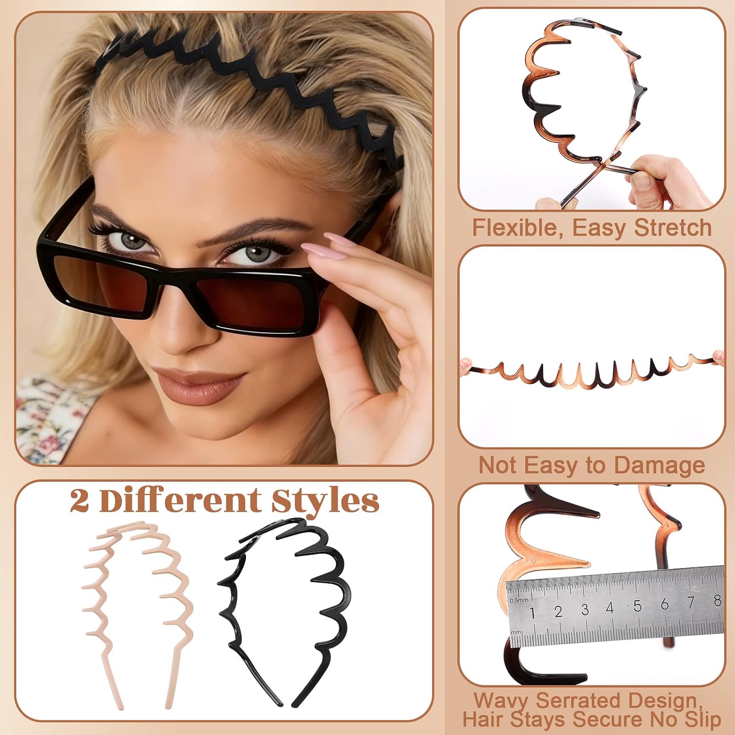 8-Piece Plastic Zig Zag Headbands with Cotton Headband - Trendy Wavy Comb Head Band with Teeth for Women & Men | 90s Style Non-Slip Hair Bands for Daily Styling, Workouts & More