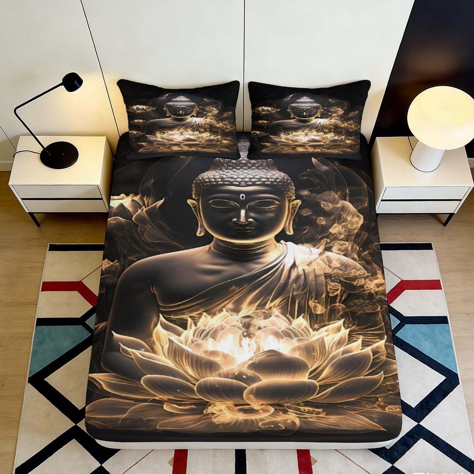 3D Printed Golden Buddha Fitted Sheet Microfiber Dark Lotus Bed Cover for Bedroom Guest Room Mattress Decor 90x200x25cm
