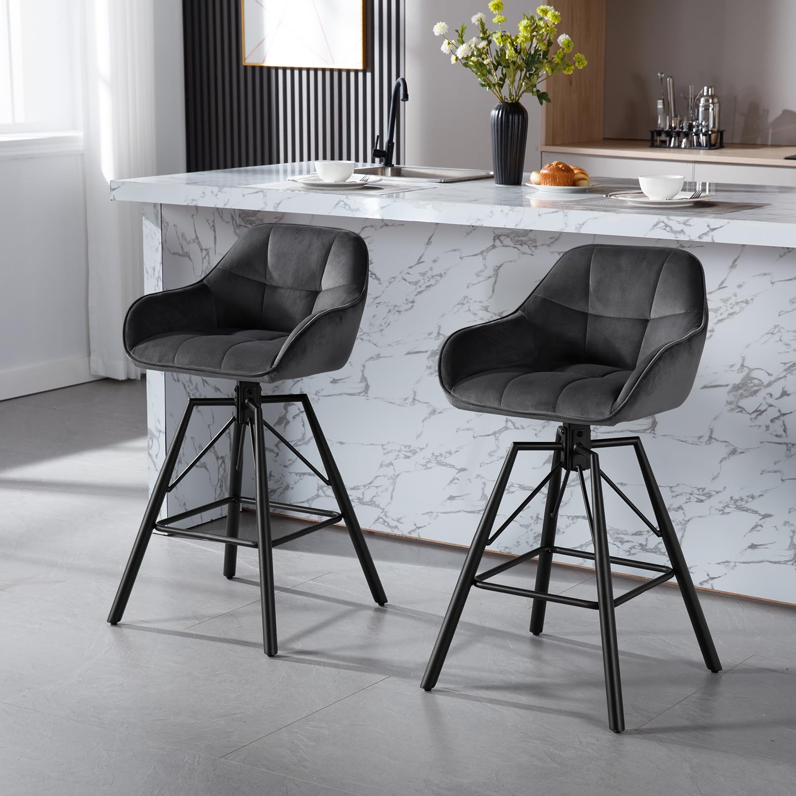 WOLTU Barhocker 2er Set, 360°drehbar Barstuhl Bistrohocker mit Rückenlehne Tresenhocker mit Lehne Fußstütze 4 Beinen, drehbar, gepolstert, Samt Metall, Dunkelgrau, BH397dgr-2