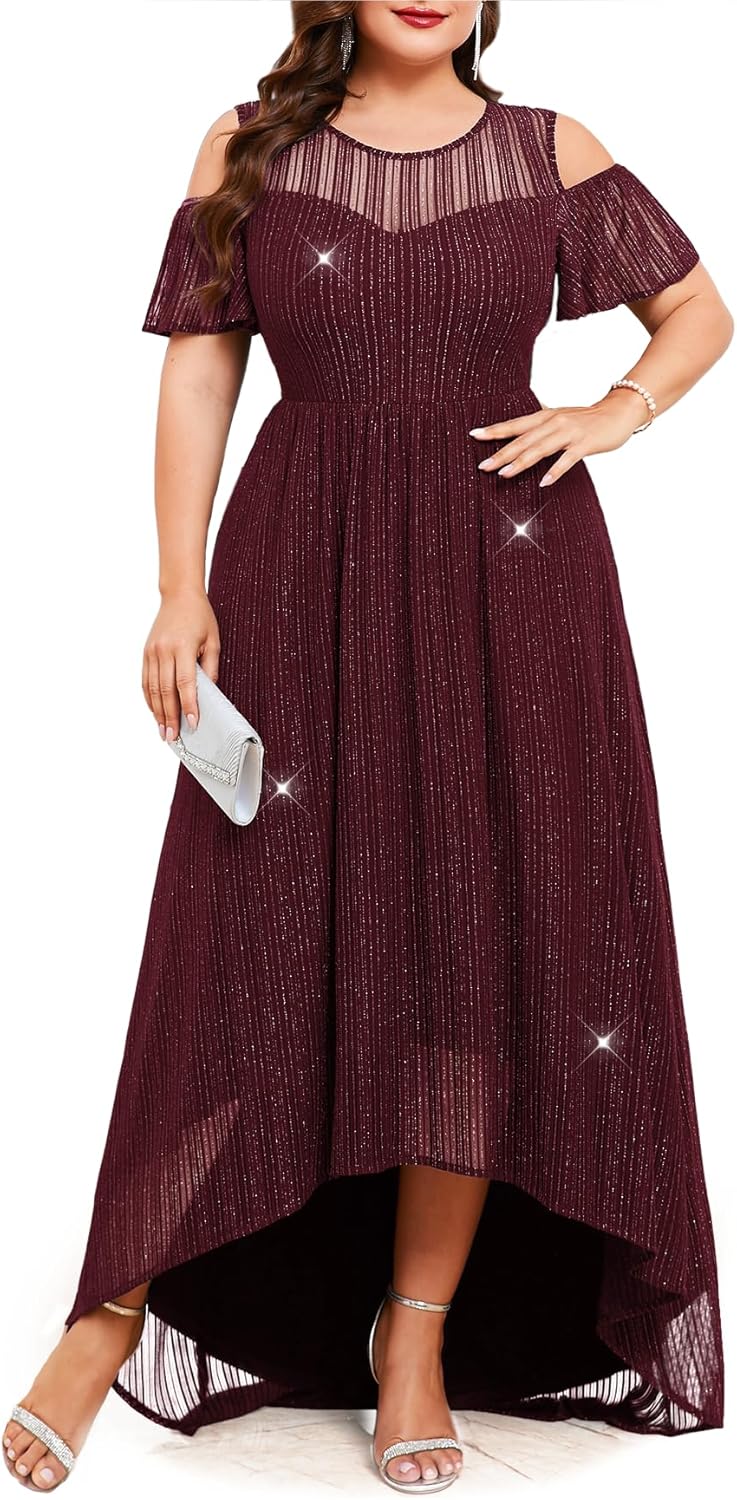 ZOMVA Plus Size Sparkly Mesh Maxi Dress Cold Shoulder Ruffle Sleeve High Low A Line Dresses Wedding Guest Cocktail Party