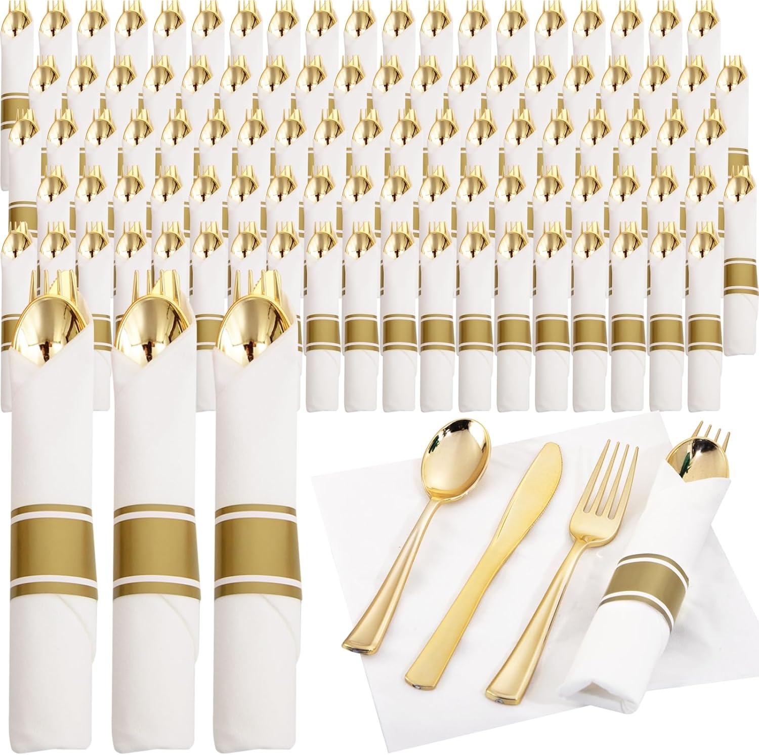 supernal 120 pack gold plastic cutlery set with napkin, wrapped disposable silverware, pre rolled napkins