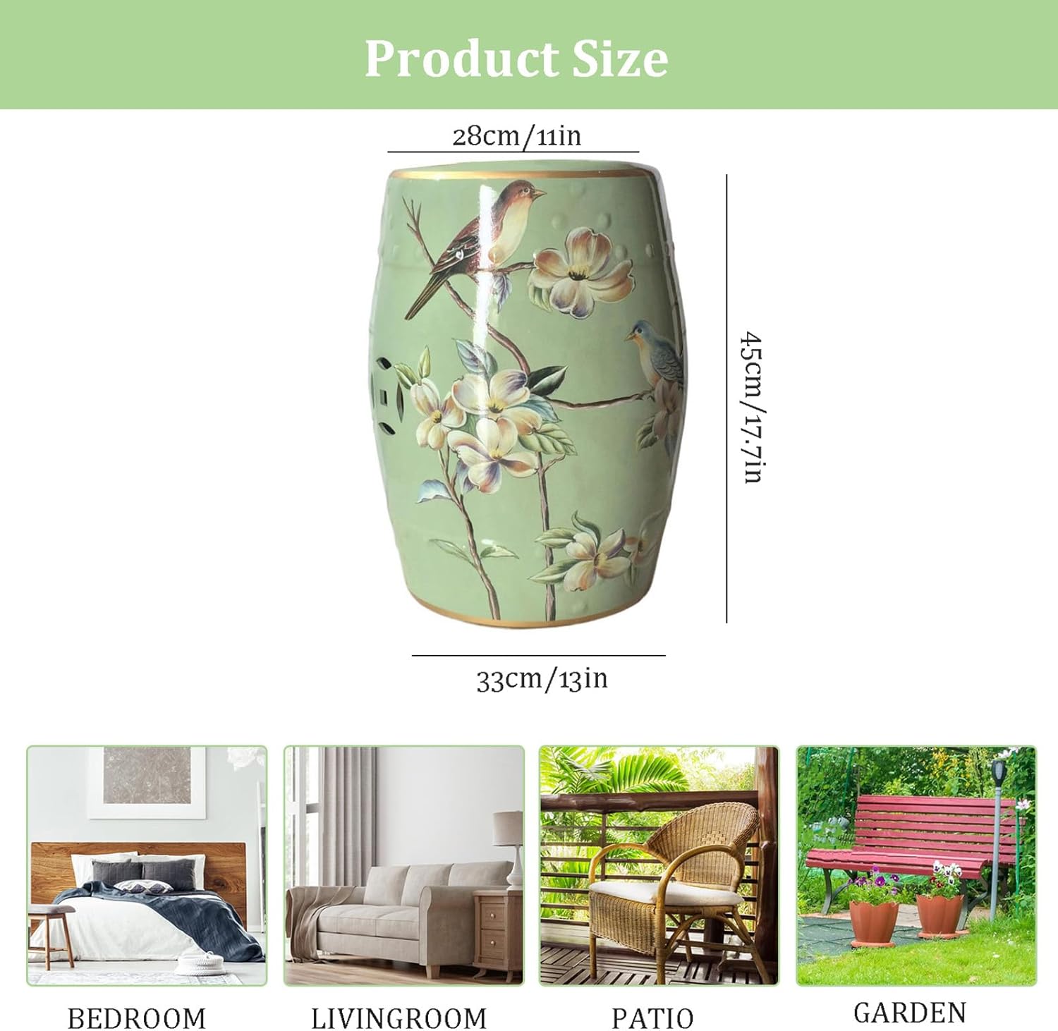 Glazed Ceramic Decorative Garden Stool,Modern Ceramic Garden Stool,Decorative End Table Side Table,Hand-Painted Forla Bird Ceramic Garden Stool for Outdoor Patio Garden Living Room