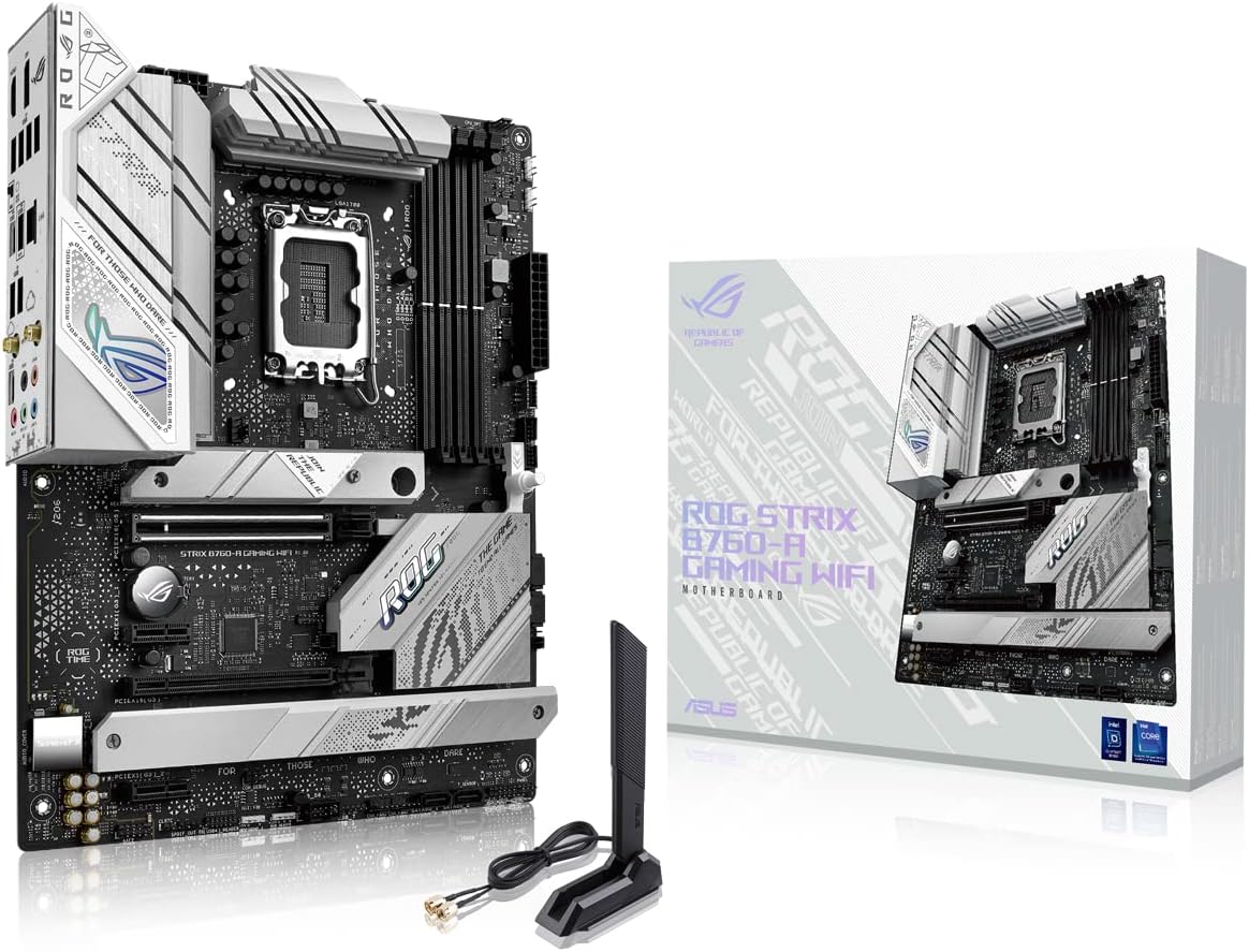 ASUS ROG STRIX B760-A GAMING WIFI Intel B760 LGA 1700 white ATX motherboard with 12 + 1 power stages, DDR5, PCIe 5.0 x16 SafeSlot, 3x PCIe 4.0 M.2 slots, WiFi 6E, USB 3.2 Gen 2x2 Type-C, and Aura Sync