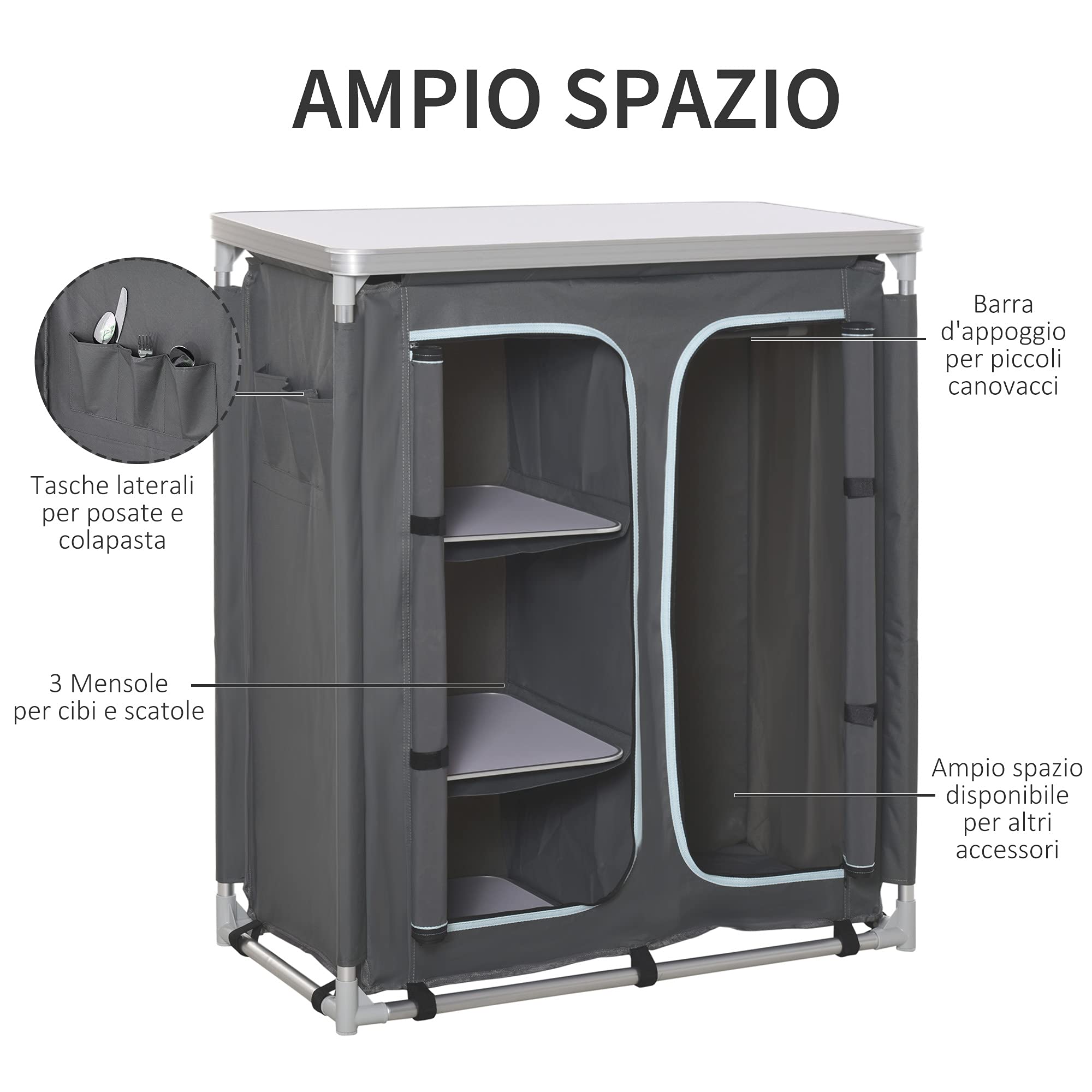Outsunny Cucina da Campeggio Doppio Armadietto 96Lx49.5Px104cm Grigio Telaio Alluminio