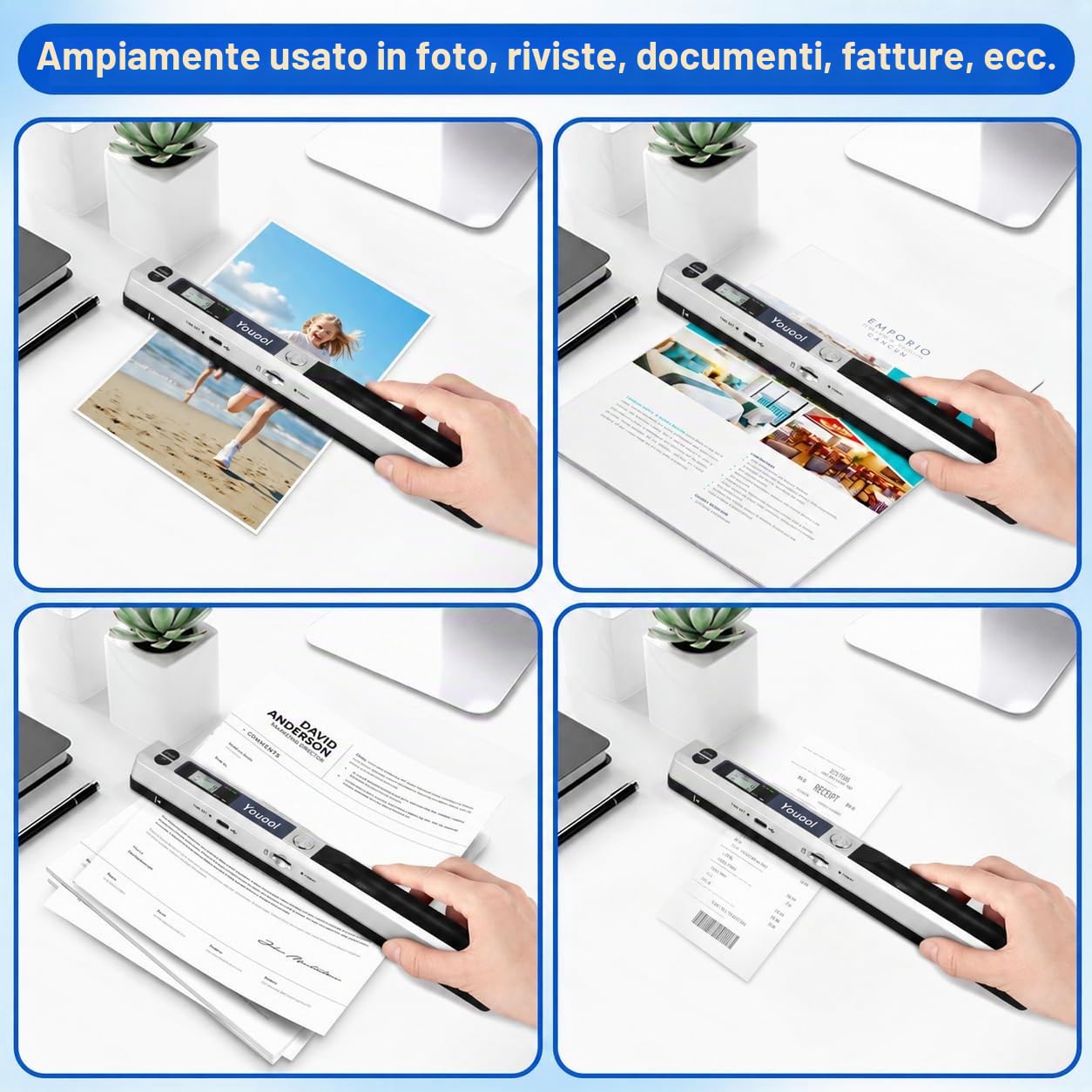 Scanner manuale A4 900 DPI JPG/PDF formato USB 2.0 | Scanner portatile per foto a colori ad alta risoluzione, scanner portatile per documenti, ricevute, foto (argento)