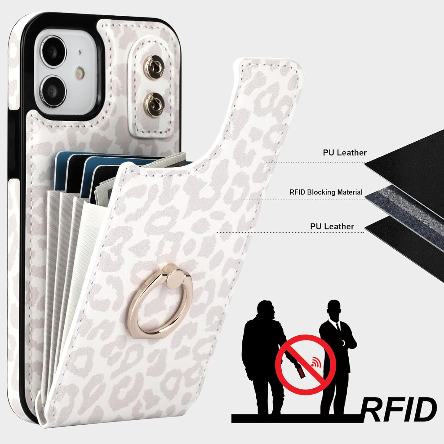 HAOPINSH for iPhone 12/ iPhone 12 Pro Wallet Case with Card Holder, 360°Rotation Ring Kickstand, White Leopard Pattern, RFID Blocking Leather for Girls Women, Double Buttons Protective Cover 6.1"