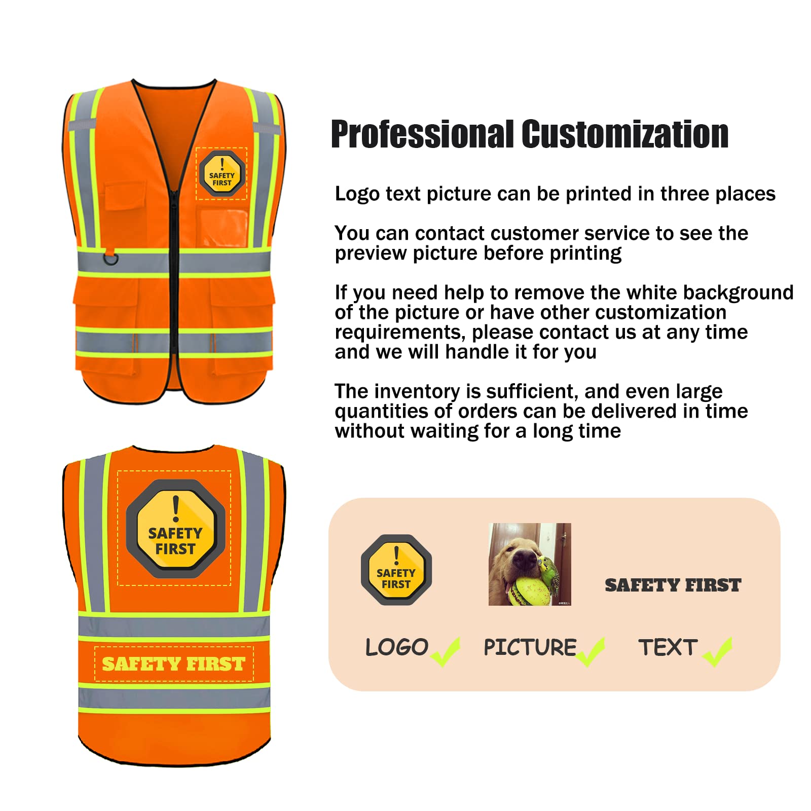 Safety Vest Custom Logo, Class 2 Personalized High Visibility Reflective Vest with 5 Pockets and Zipper,10 Pack (014Orange, XXL)