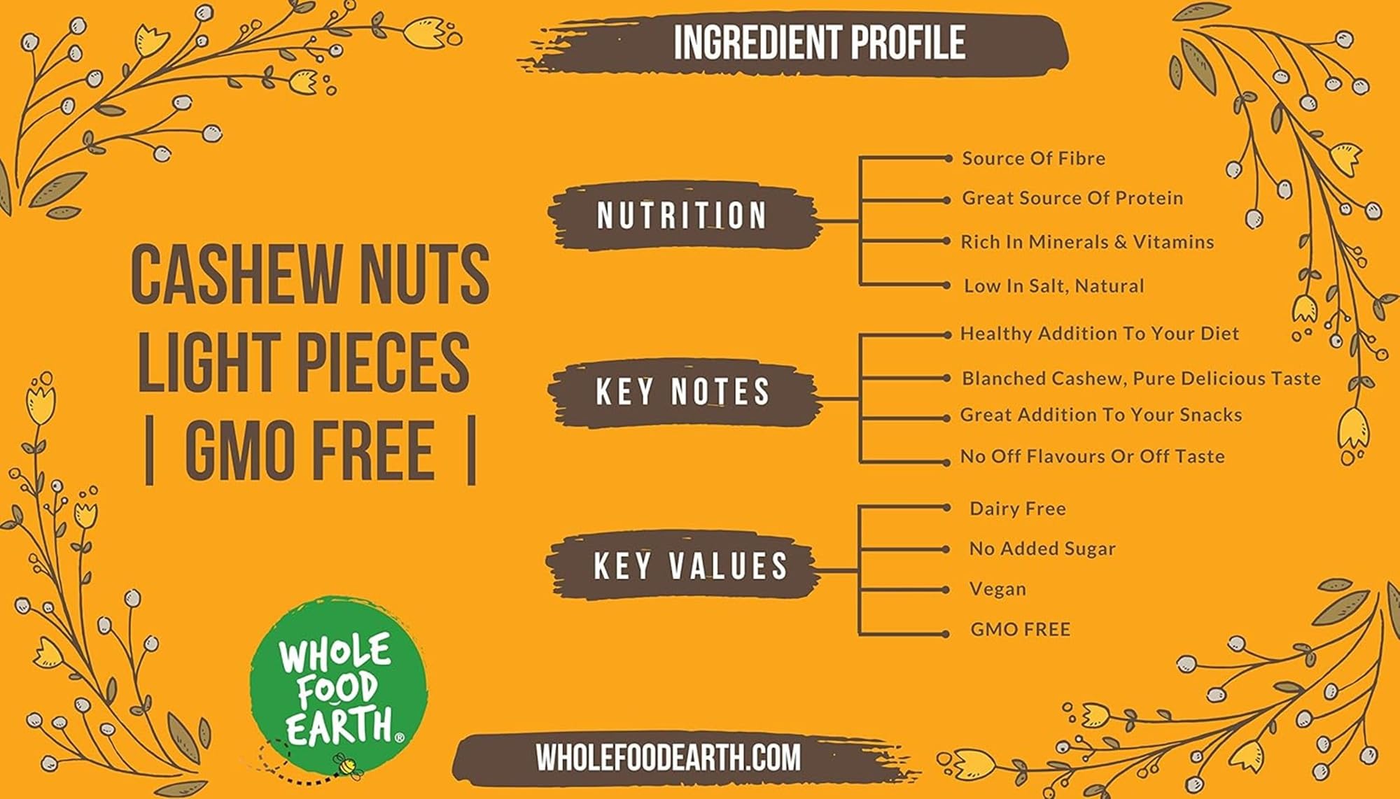 Wholefood Earth Noix de Cajou Morceaux - Sans OGM Naturel Vegan Protéine 1 kg