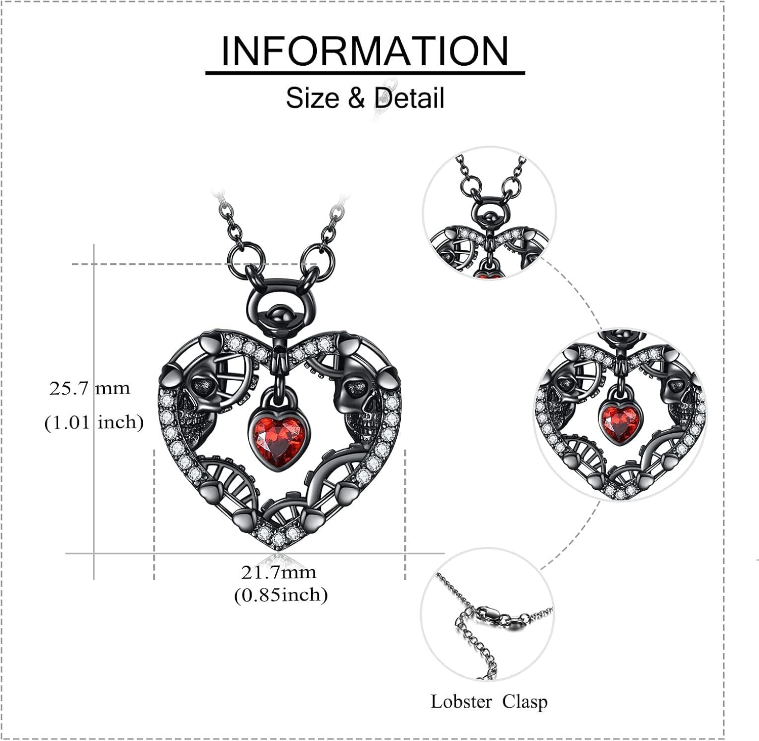 Gothic Heart Necklace for Women Black Skull Pendant Necklace Red Crystal Lock Necklace Black Skeleton Necklace for Men Halloween Jewelry - Image 3
