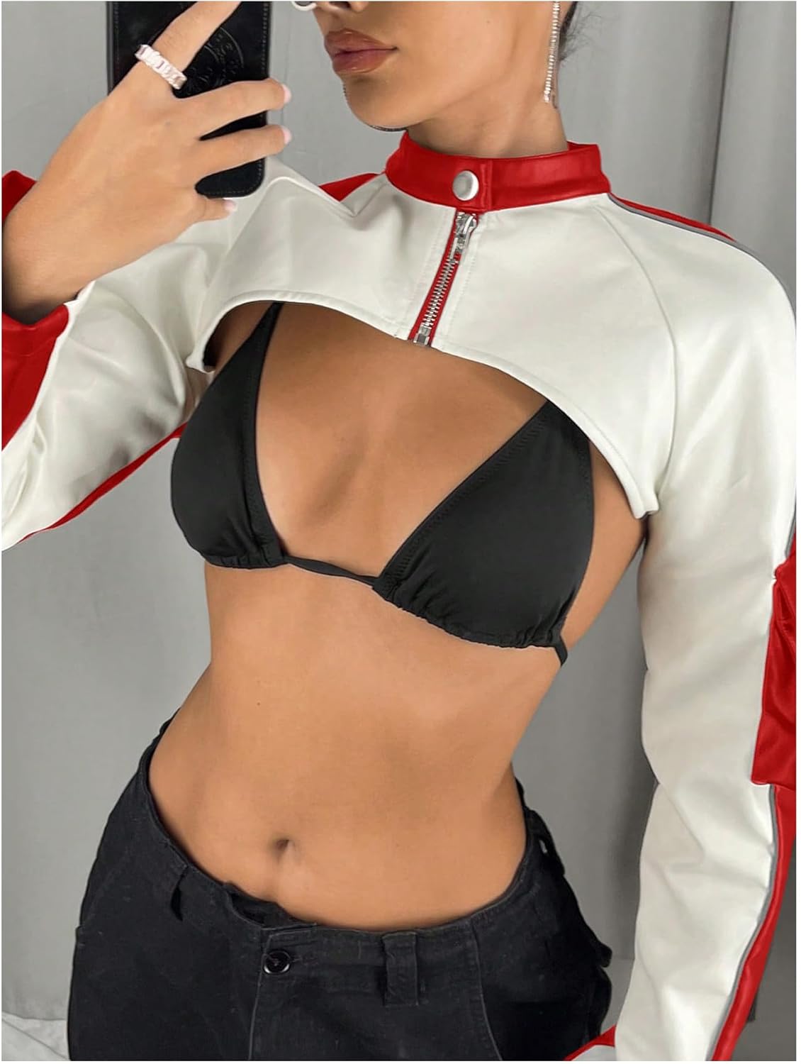 SHENHE Women's Faux Leather Moto Biker Jacket Y2k Zip Up Cropped Bolero Jacket Streetwear - Image 4