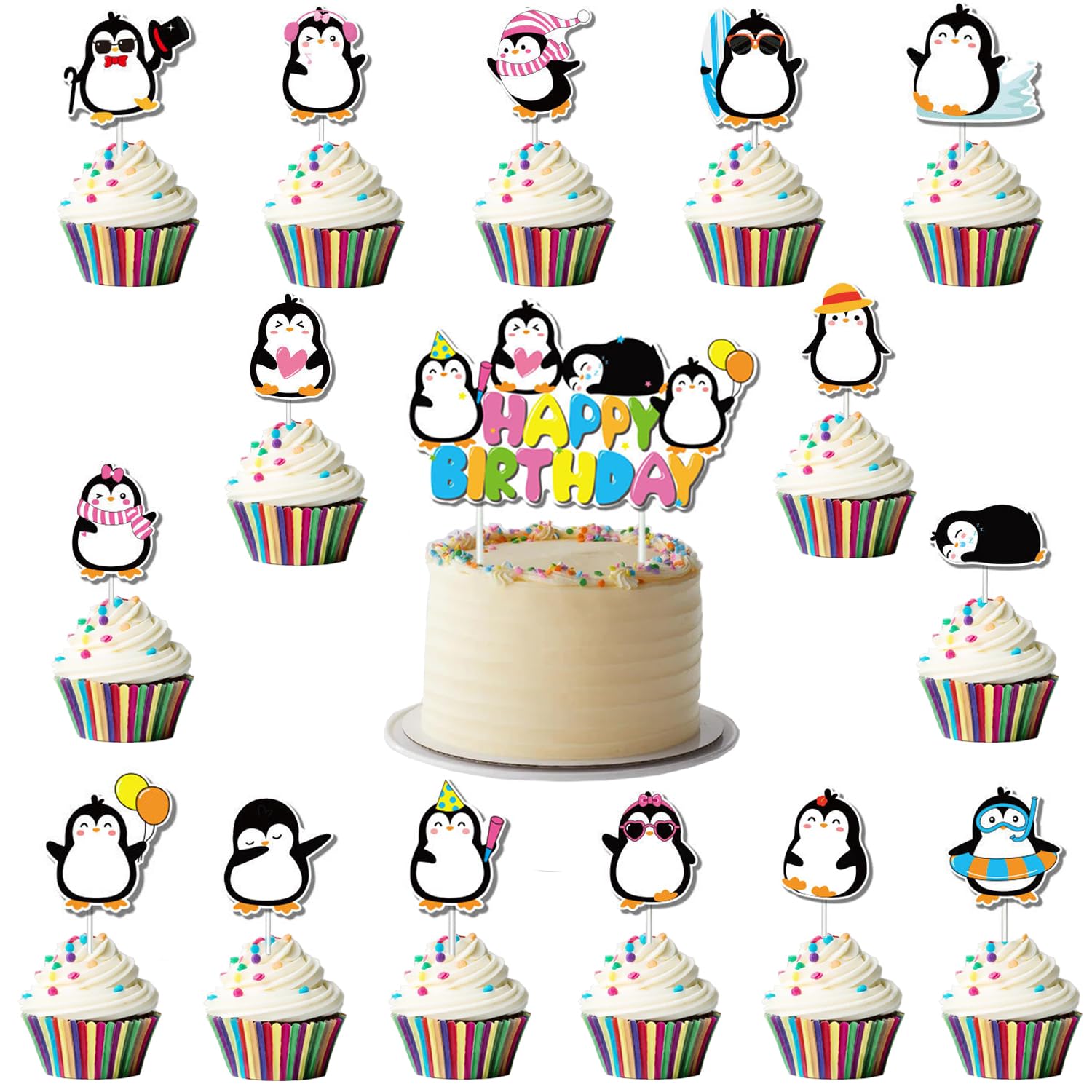 16PCS Penguin Cake Topper Decoration Set, Carton Cute Penguin Happy Birthday Cake Toppers with Cupcake Toppers, Penguin Cake Decor for Baby Shower
