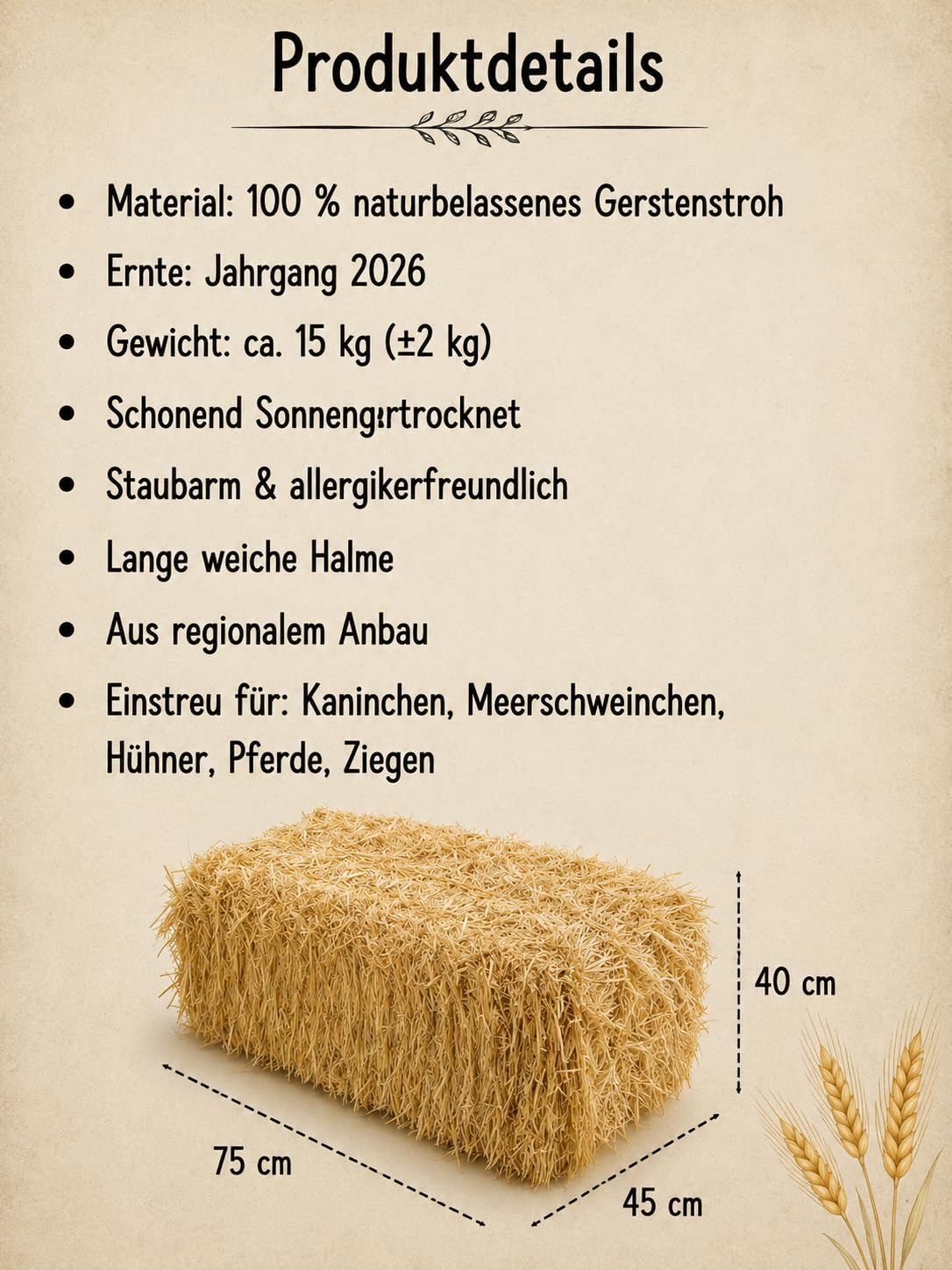 2 Strohballen 15  kg aus Gerstenstroh – für Kaninchen, Meerschweinchen, Pferde | Premiumqualität | Ernte 2026