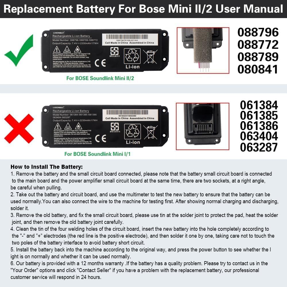 088796 088789 Bluetooth Speaker Wireless Speaker Battery for Bose Soundlink Mini 2 088772 080841 - DIY Soldering Required 7.4V 17WH