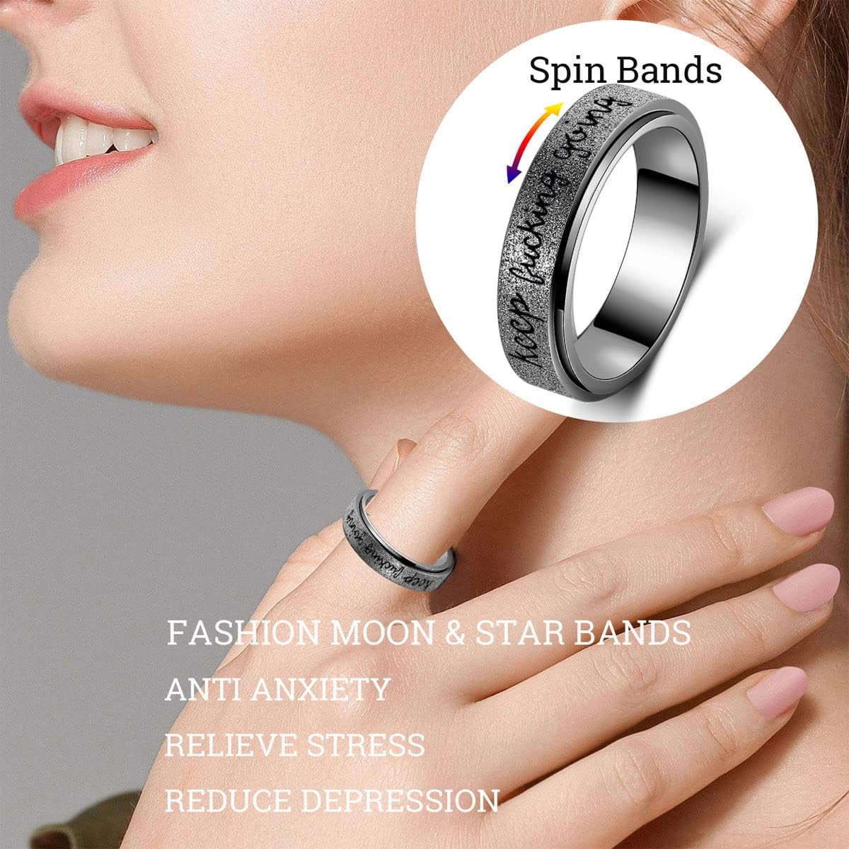 Fidget Ring Women for Anxiety Rings:Personalized Inspirational Mantra Stainless Steel Silver Black Rainbow Rose Gold Spinning Ring for Men Women Friend Encouragement Gift size 6 7 8 9 10