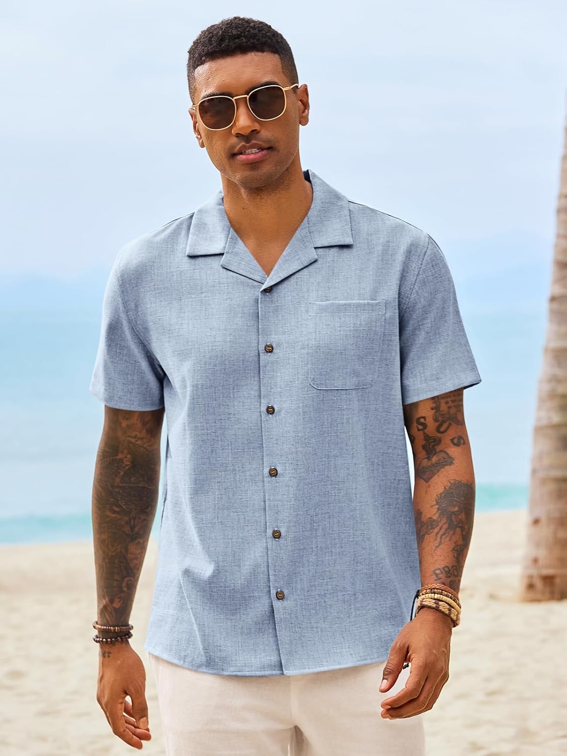 Runcati Mens Button Down Shirt Short Sleeve Cuban Casual Shirts Summer Beach Vacation Wedding Tops with Pocket - Image 3