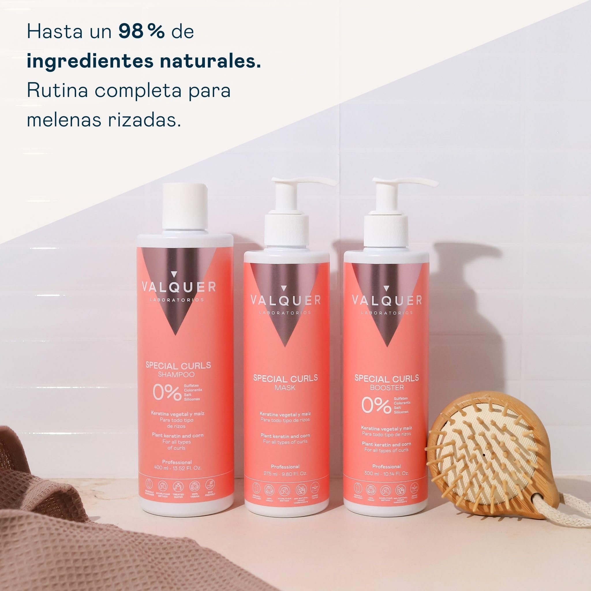 Valquer Pack Especial Rizos Champú 400ml, Mascarilla 275ml y Booster Activador 300ml. Tratamiento del Cabello Rizado Método Curly Rizos Definidos. Hidrata y Suaviza con Keratina Vegetal y Maíz. Vegano