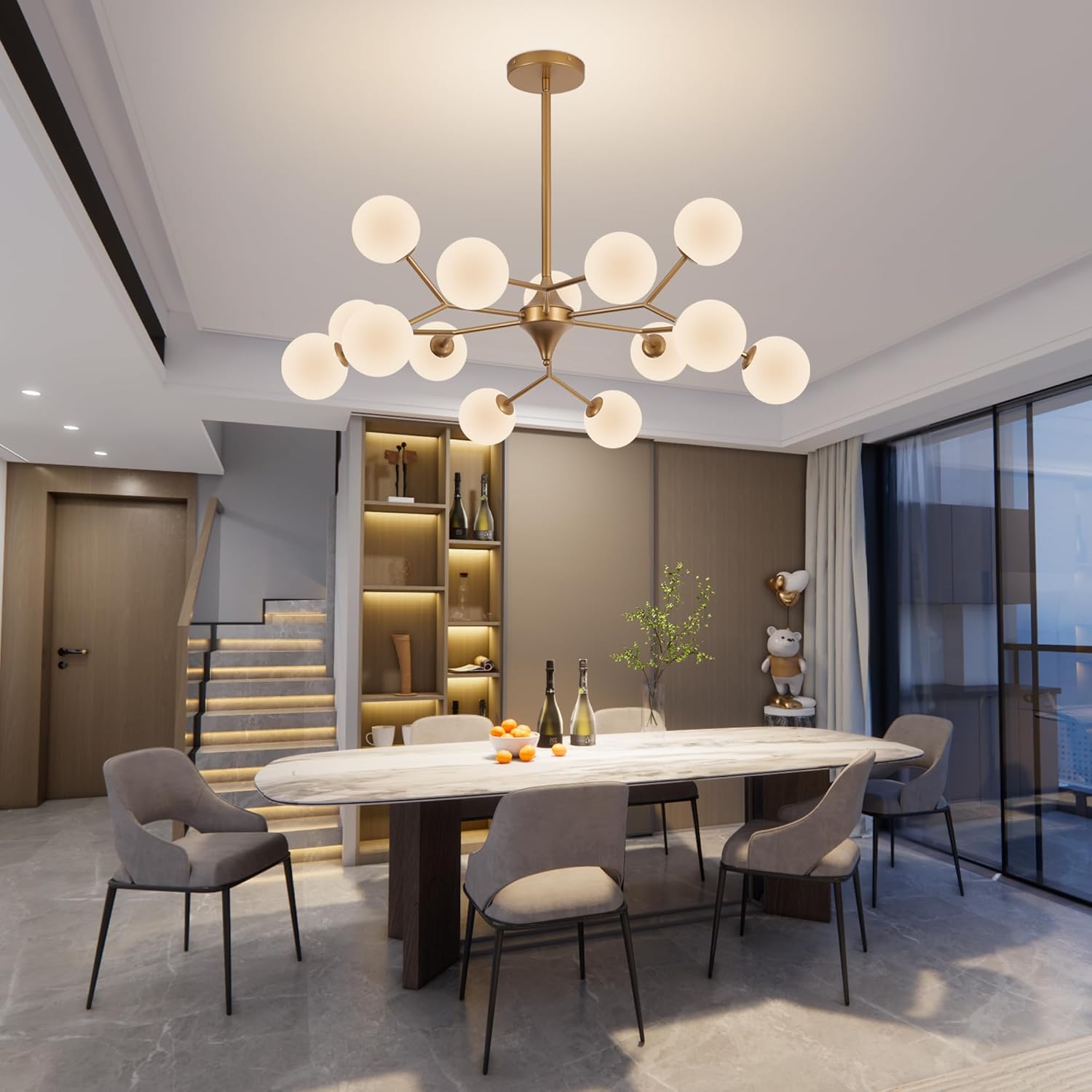 COCOSTAR Reddish Sand Gold Dining Room Chandelier, 15 Lights Mid Century Modern Sputnik Chandelier for Kitchen Island Living Room Bedroom, Ceiling Light Fixture Over Table, G9 Base