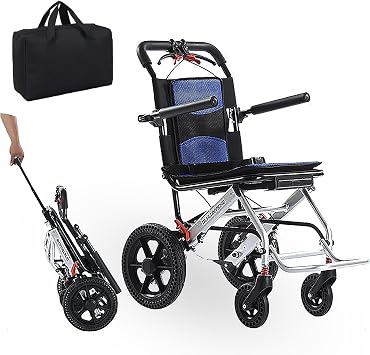 Lightweight Wheelchair for Adults, Only 18lbs, Ultralight Folding Transport Chair with Telescopic Handle, Carry Bag Included, Ideal for Seniors,Blue,Silver Frame