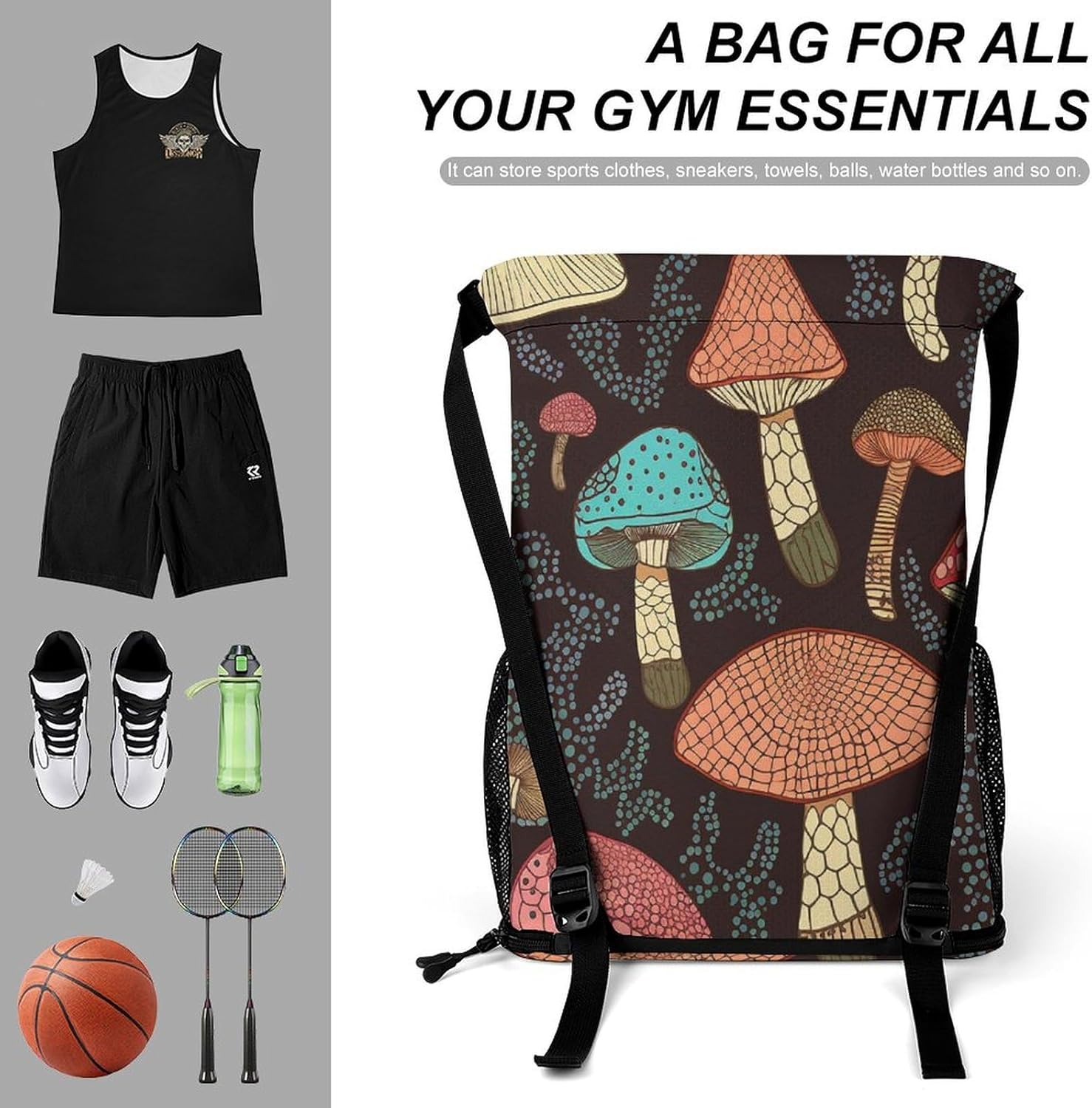 Sports Drawstring Backpack Mushroom Lightweight Backpack Dry And Wet Separation Large Capacity