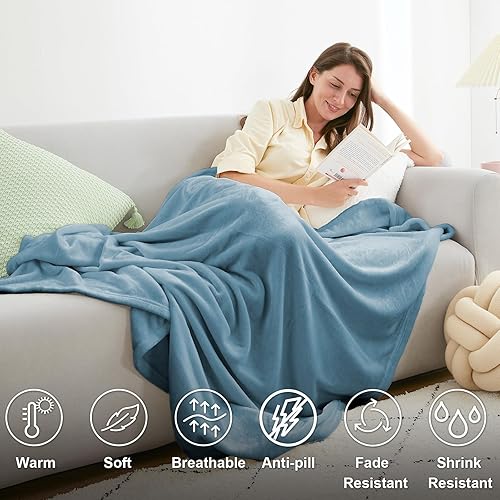 Miniatura 7 de Hansleep Fleece Blanket Twin Size Washed Blue, Soft Cozy Twin Fuzzy Flannel Lightweight Blanket for Bed, Sofa, Couch, Travel, Camping, Washed Blue