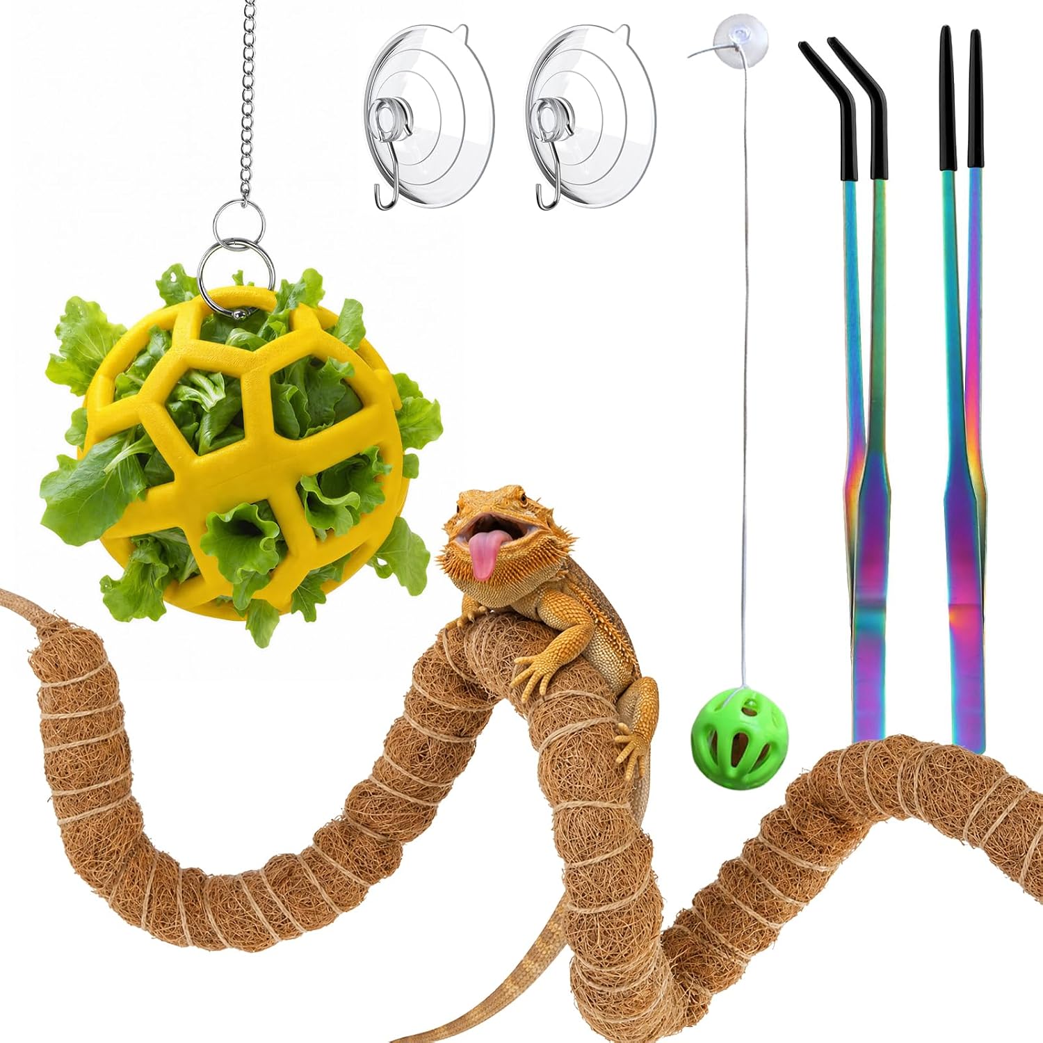 Reptile Lizard Toys Set 63" Bendable Coconut Fiber Climbing Vine Rubber Foraging Ball Suction Bell Ball & 10.6" Rainbow Feeding Tongs Bearded Dragon, Gecko, Chameleon Tank Accessories