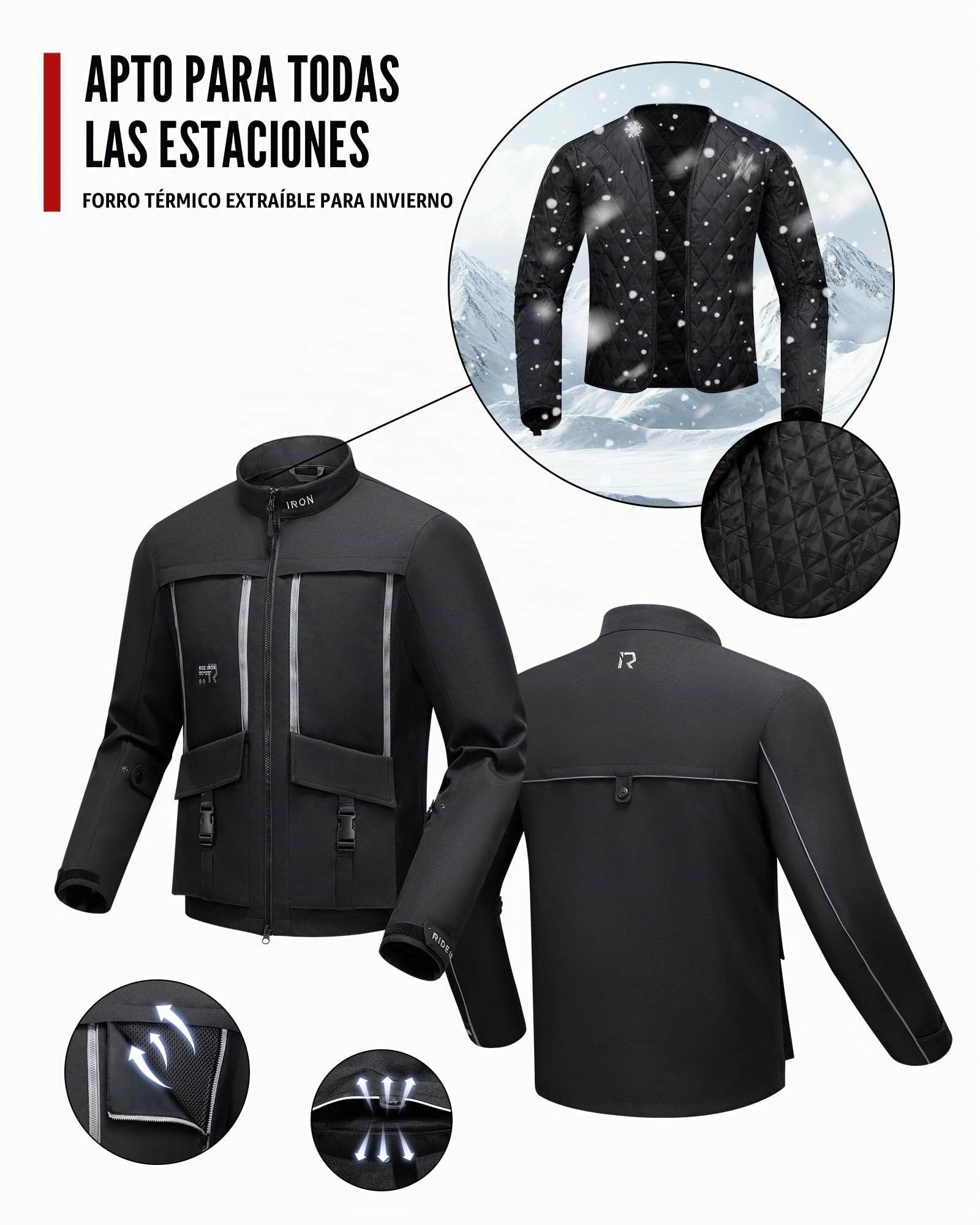 RIDEIRON Chaqueta de motorista para hombre, tejido de malla transpirable para todas las estaciones, con almohadillas para hombros y codos, forro interior extraíble, protector de motocicleta resistente