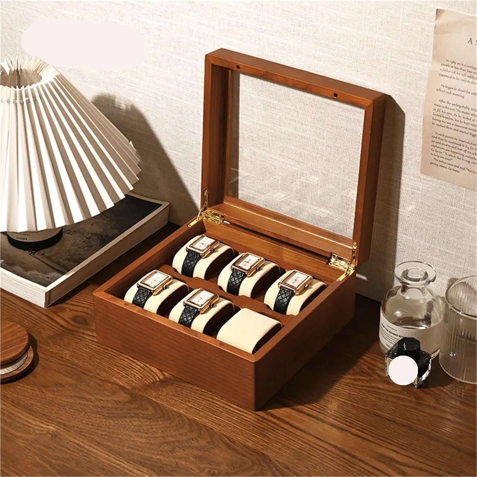 Caja de almacenamiento reloj madera Cubierta vidrio a prueba polvo