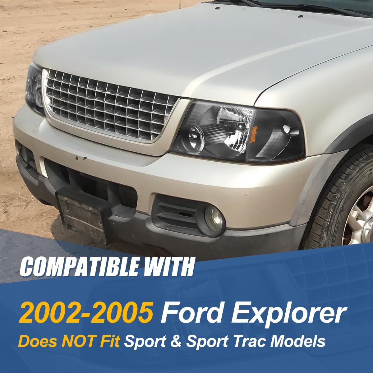 Auto Dynasty Headlight Assembly Compatible with 2002 2003 2004 2005 Ford Explorer, Headlamps Replacement with Turn Signal Light Lamps, Black Housing Amber Corner