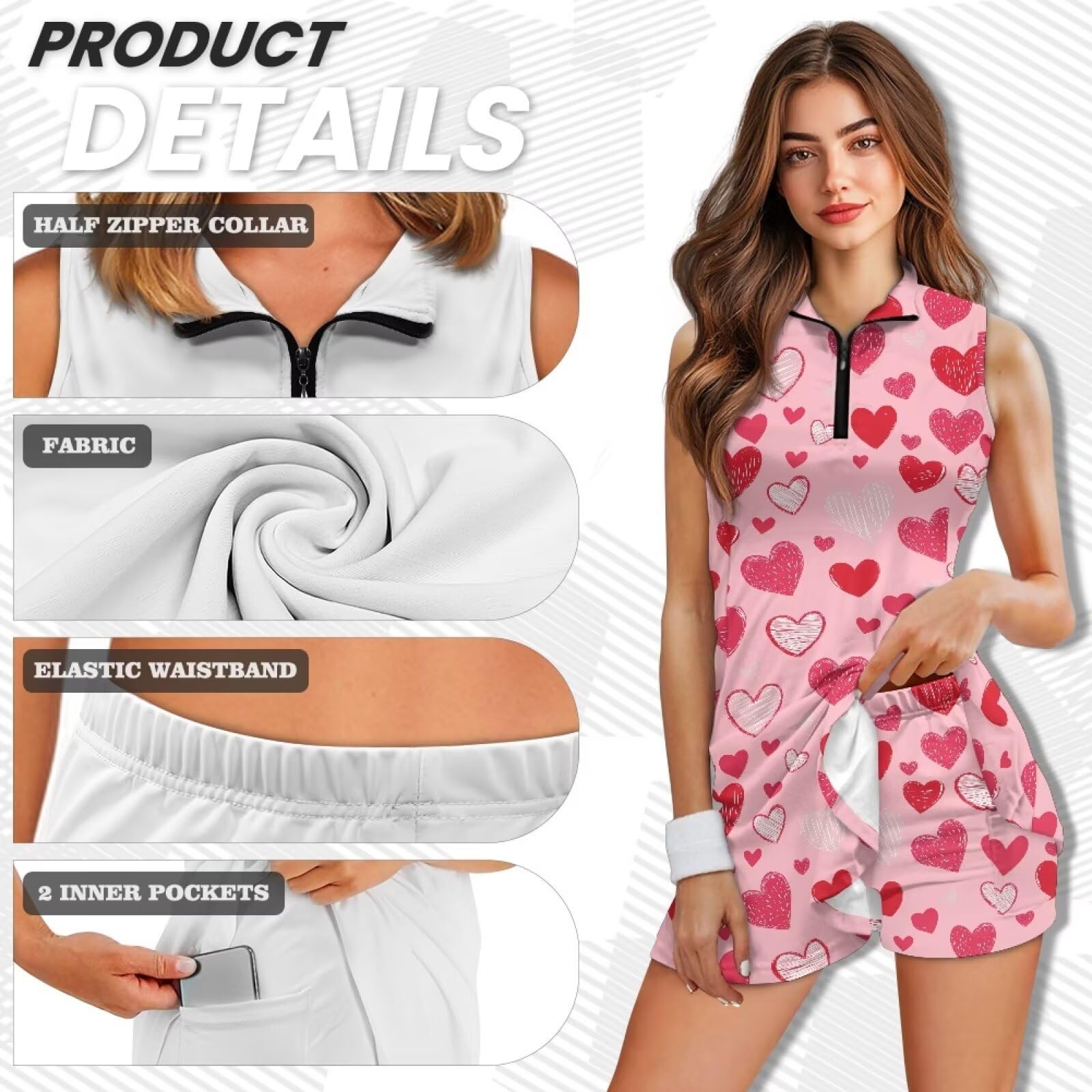 Vestido de tenis para mujer con pantalones cortos integrados, secado rápido, cuello con cremallera, vestidos de golf y tenis atléticos