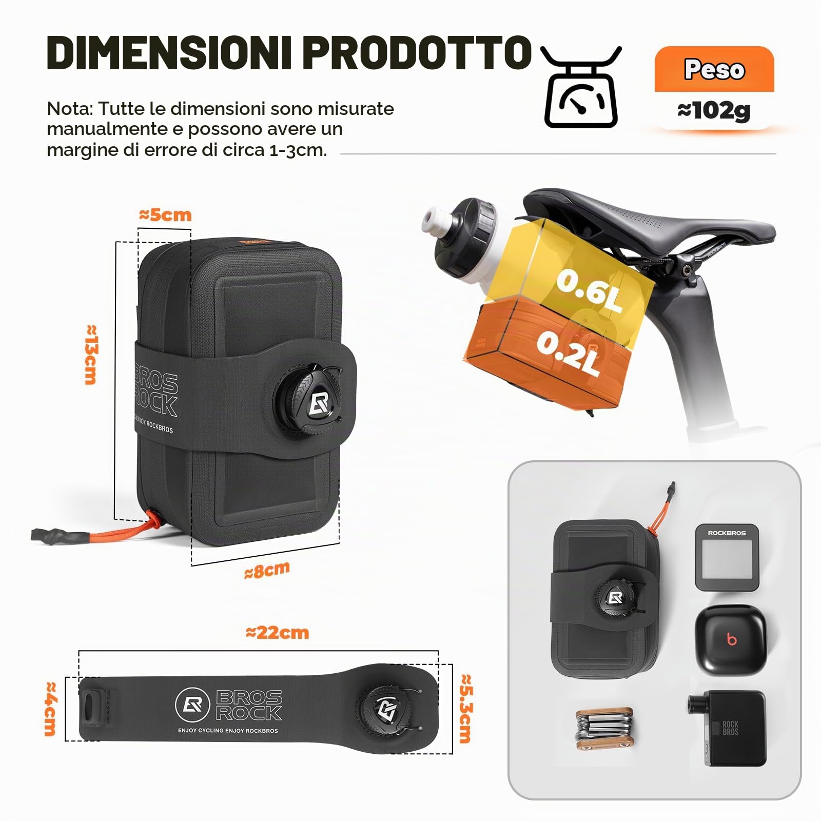 ROCKBROS Borse da Sella Piccola per Bicicletta, Borsa Sottosella Posteriore Compatibile con Borracce da Bici Idrorepellente con Sistema di Fissaggio con Pomello, per Bici da Strada MTB, Nero