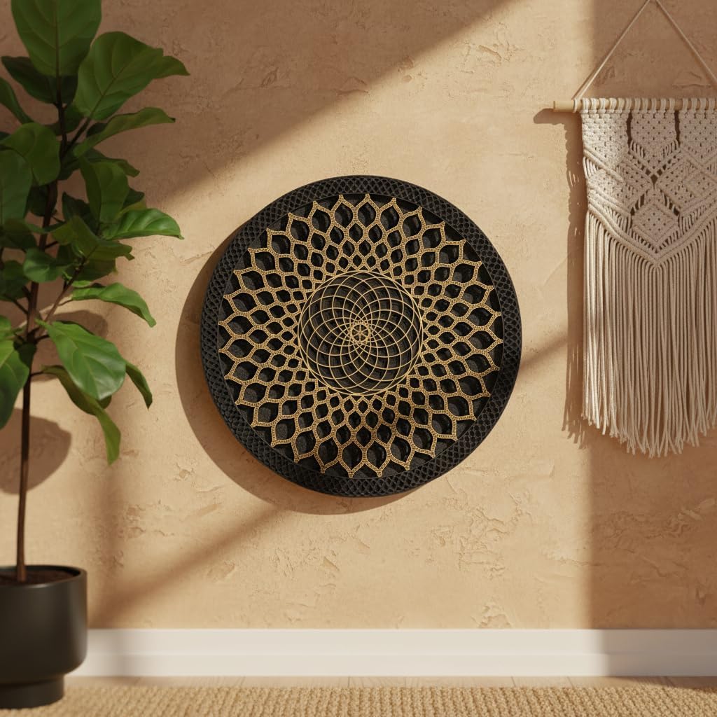 Anatoliawood Sacred Geometry Mandala Wooden Wall Art 60 cm (23.6 Inches) – Gold Mandala Layer on Anthracite Engraved Base, Laser Cut Spiritual Mandala Decor, Yoga Meditation Wall Art