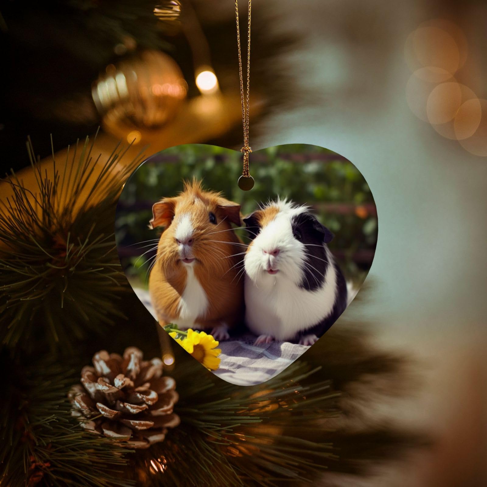Christmas Ornaments for Christmas Tree Decoration Hanging Guinea Pigs Funny Ornament with Gold Ribbon Crafts Heart Shape Ceramic Pendant for Keepsake Gifts Xmas Decor Party Supplies
