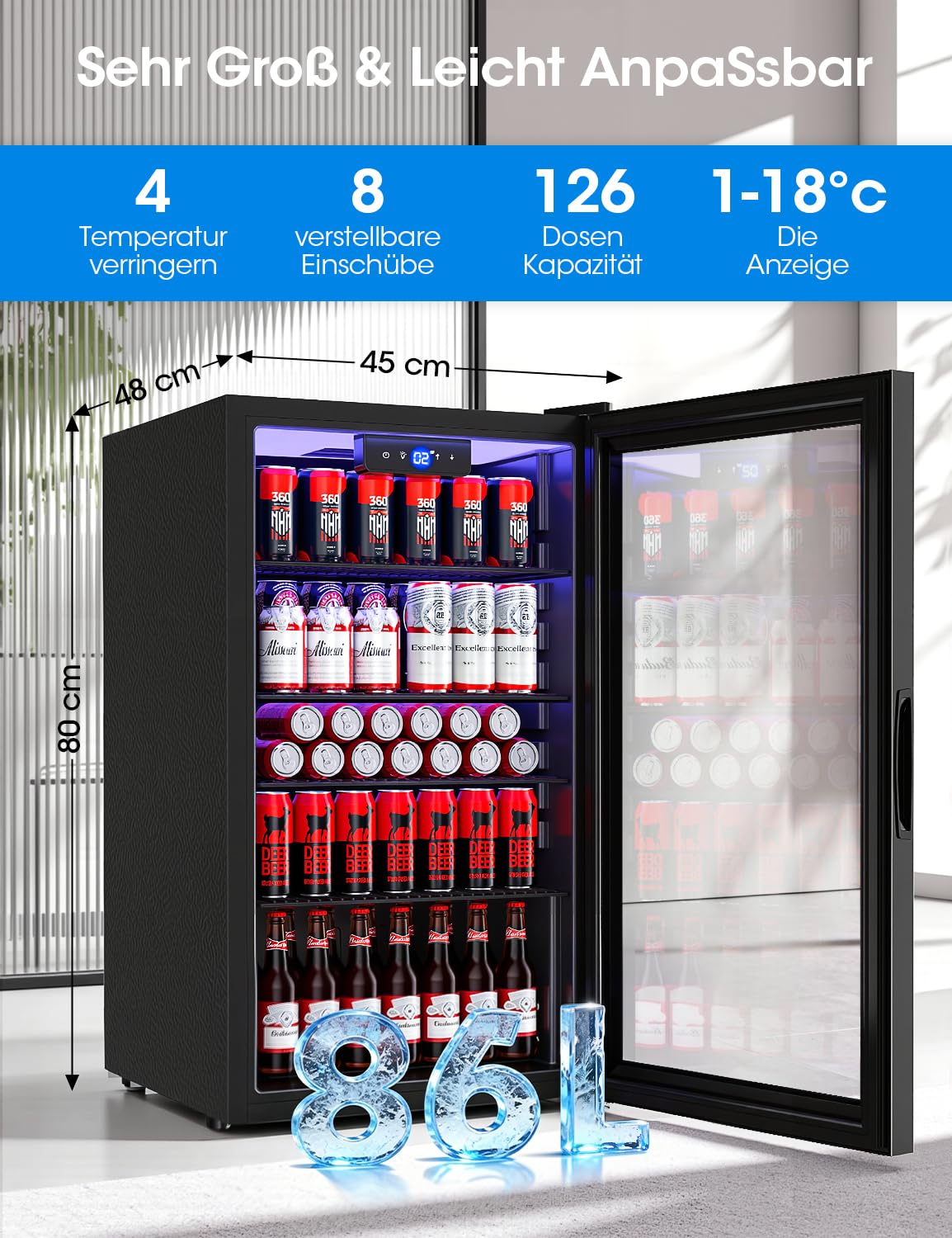 JUMMICO 86L Getränkekühlschrank Frostfrei Leise Energiesparend 126 Dosen 4 Regale