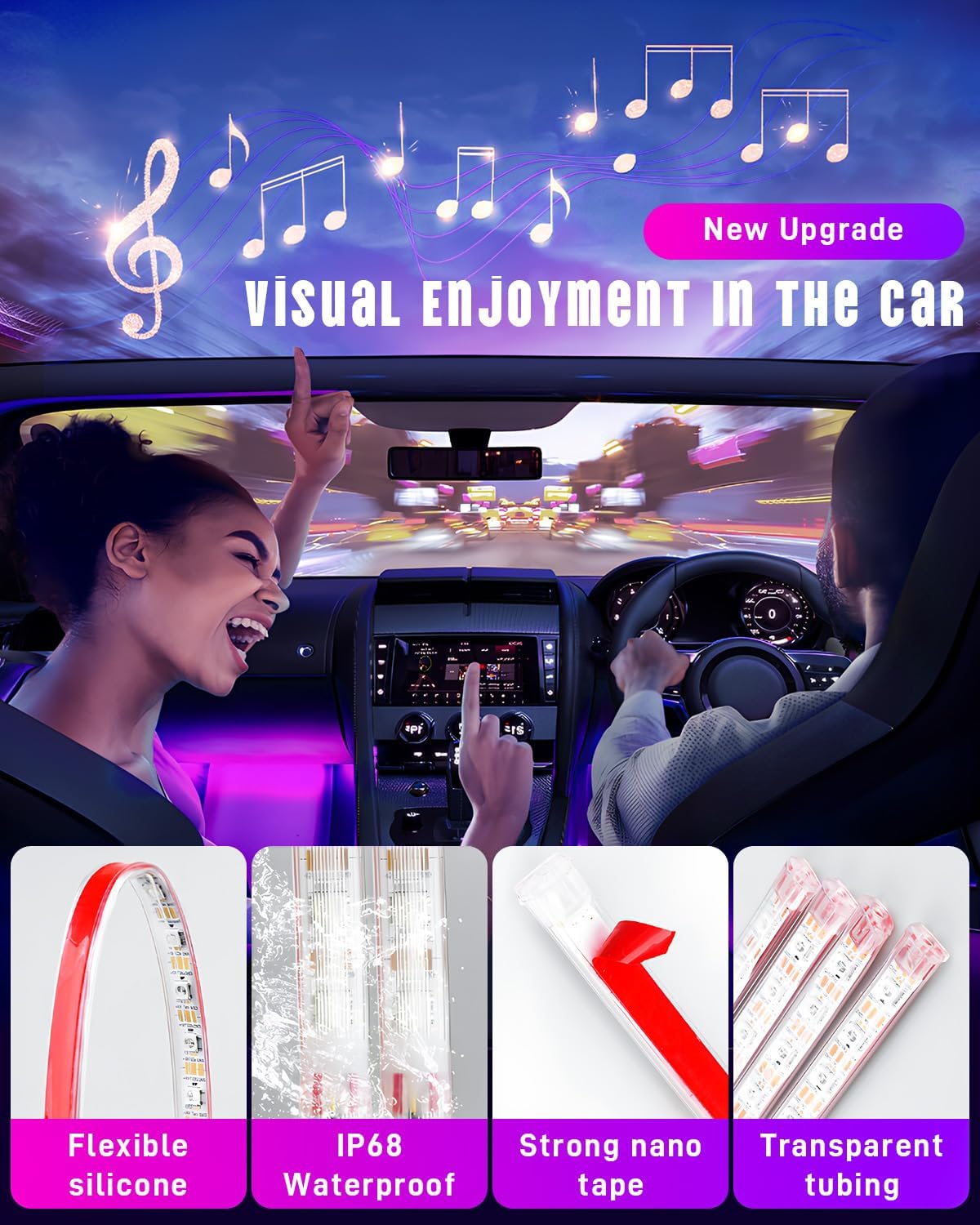 Condition photo showing As Is for led interior light for car, rgb usb under dash lighting, footwell neon internal lights kit, smart app and remote dual control, multicolor music and mic mode,72leds 72 leds