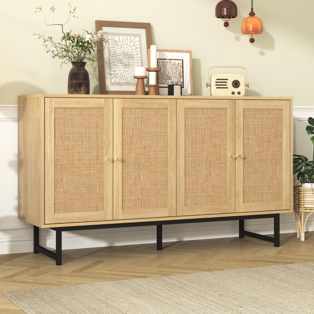Credenza 140 x 39,5 x 80 cm con vero rattan intrecciato, armadio buffet a 4 ante per soggiorno, sala da pranzo, corridoio