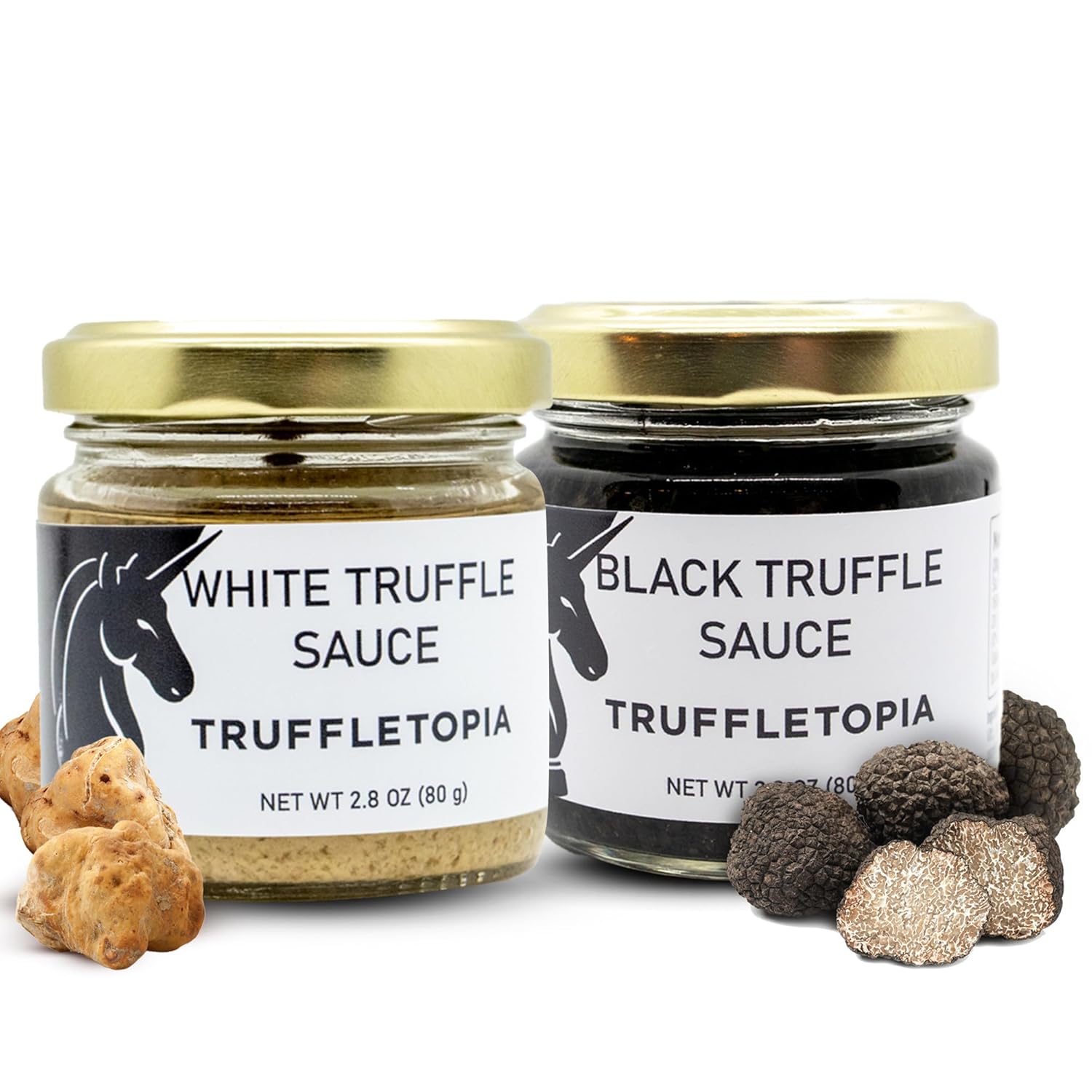 Truffletopia | Black and White Truffle Sauce w/Real Italian Truffles | Gourmet Pasta or Pizza Sauce | Use for Cooking | Gluten Free, Non-GMO | Gift Set Sampler | 2.8 Oz (2 Jars)
