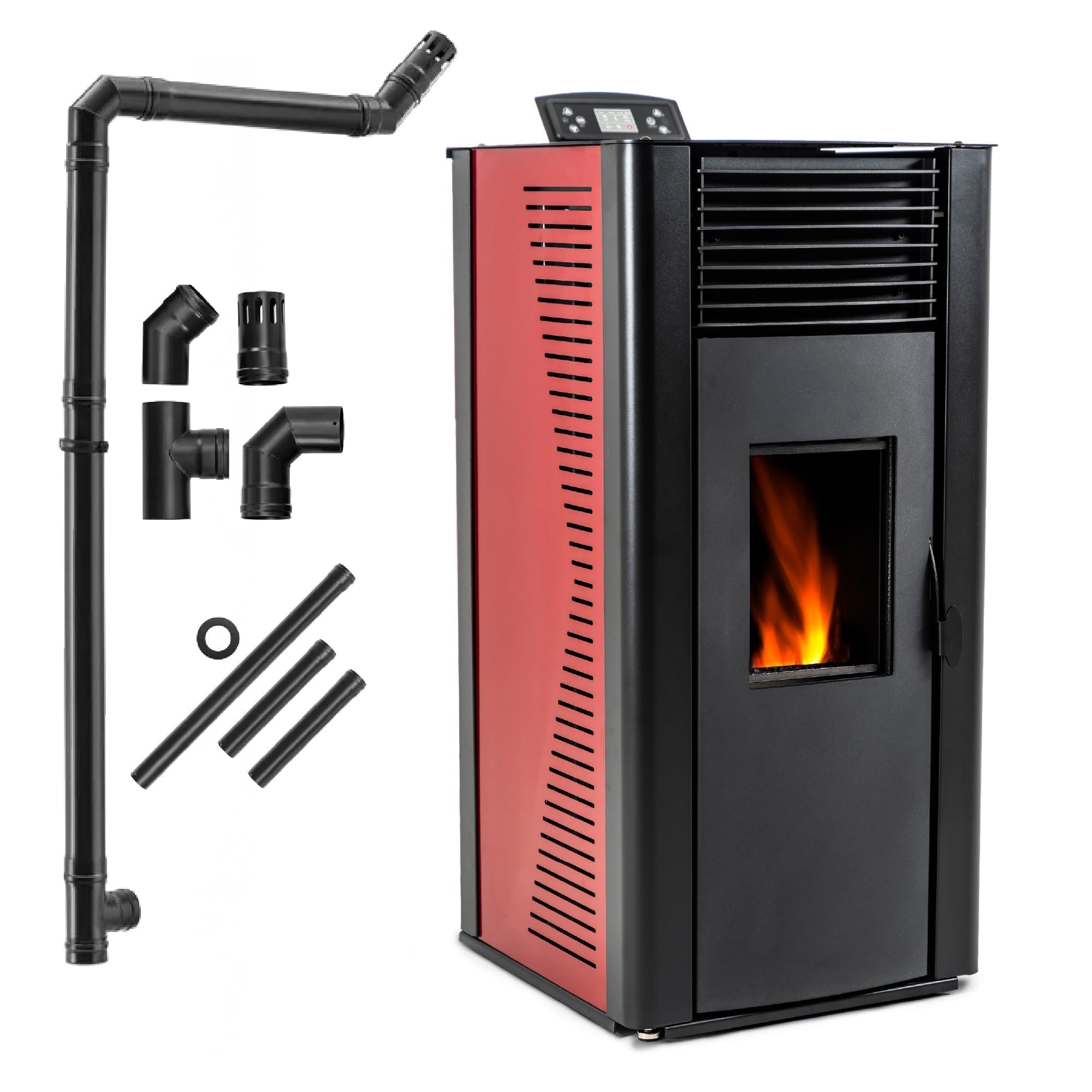 THUNDER VAYNE Piec na pellet 12 kW z płaszczem wodnym, sterowaniem WLAN WiFi, automatycznym podajnikiem pelletu, klasa A+, kolor czarny lub czerwony. (VAYNE RED 12KW)