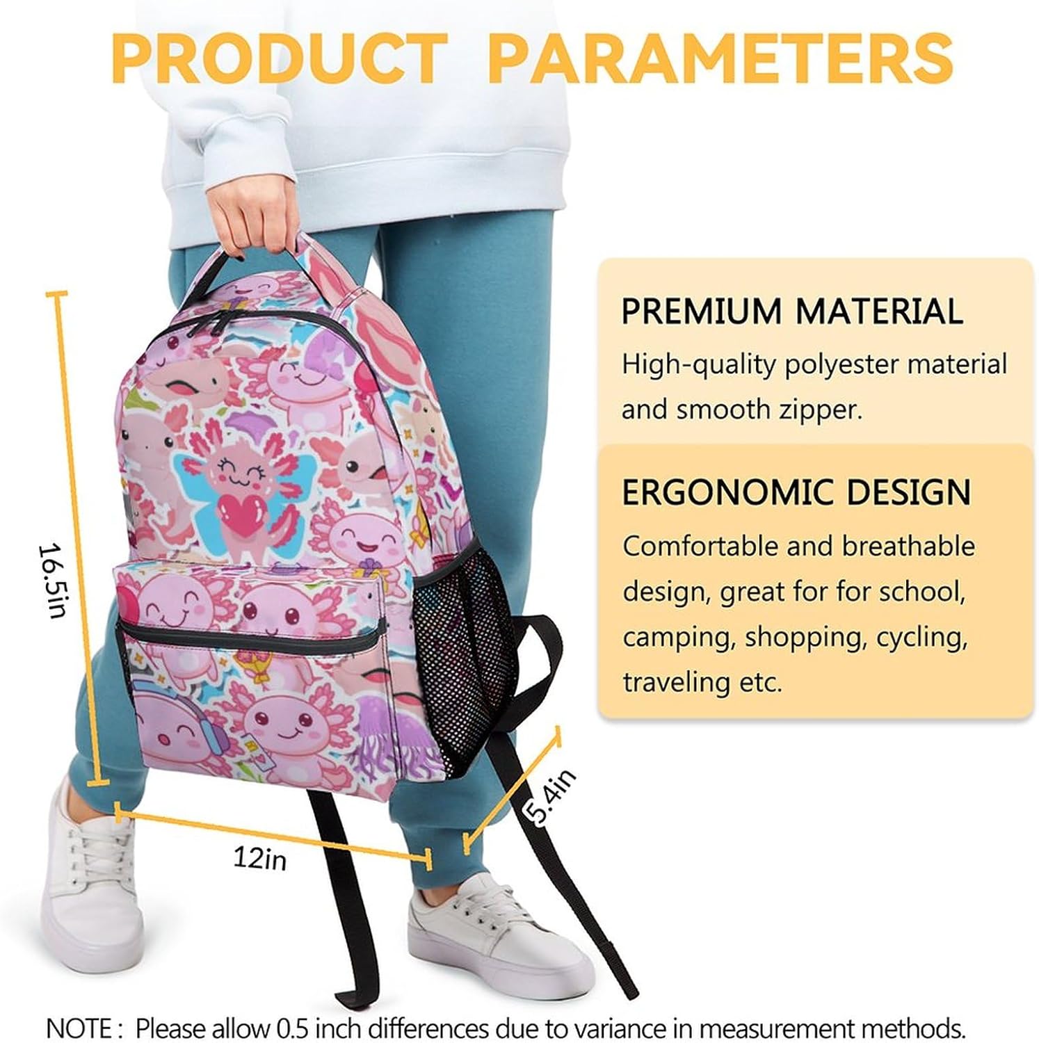 Girls Backpack for School - 16" Cute Axolotl Backpacks for Kids - Pink Large Capacity Lightweight Bookbag for Students - Cartoon Animals School Bag for Preschool - Image 3