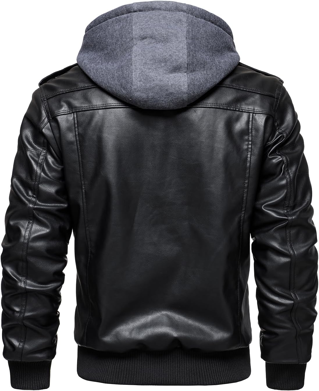 HOOD CREW Men’s Casual Stand Collar PU Faux Leather Zip-Up Motorcycle Bomber Jacket With a Removable Hood - Image 4