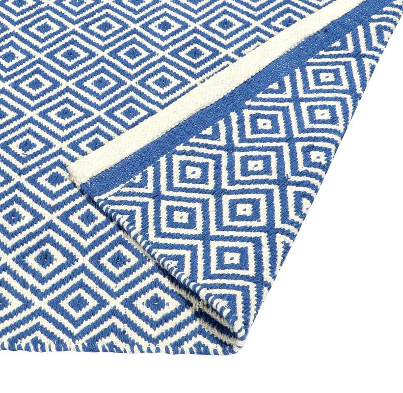 Image of FIASCO Hand Woven 100% Natural Cotton Export Quality Designer Striped Rug, Bed Side Runner Rug Carpet for Bedroom, Passage,Living Room, Size- 2X5 Feet Blue Diamond