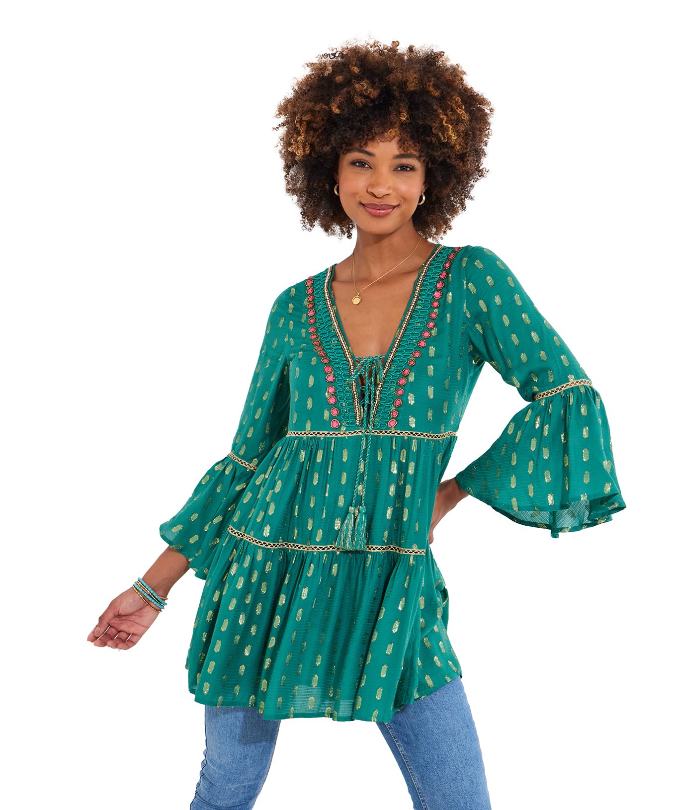 Joe Browns Women's Tiered Skirt Beaded Boho Mini Dress Tunic Shirt, Green, 18