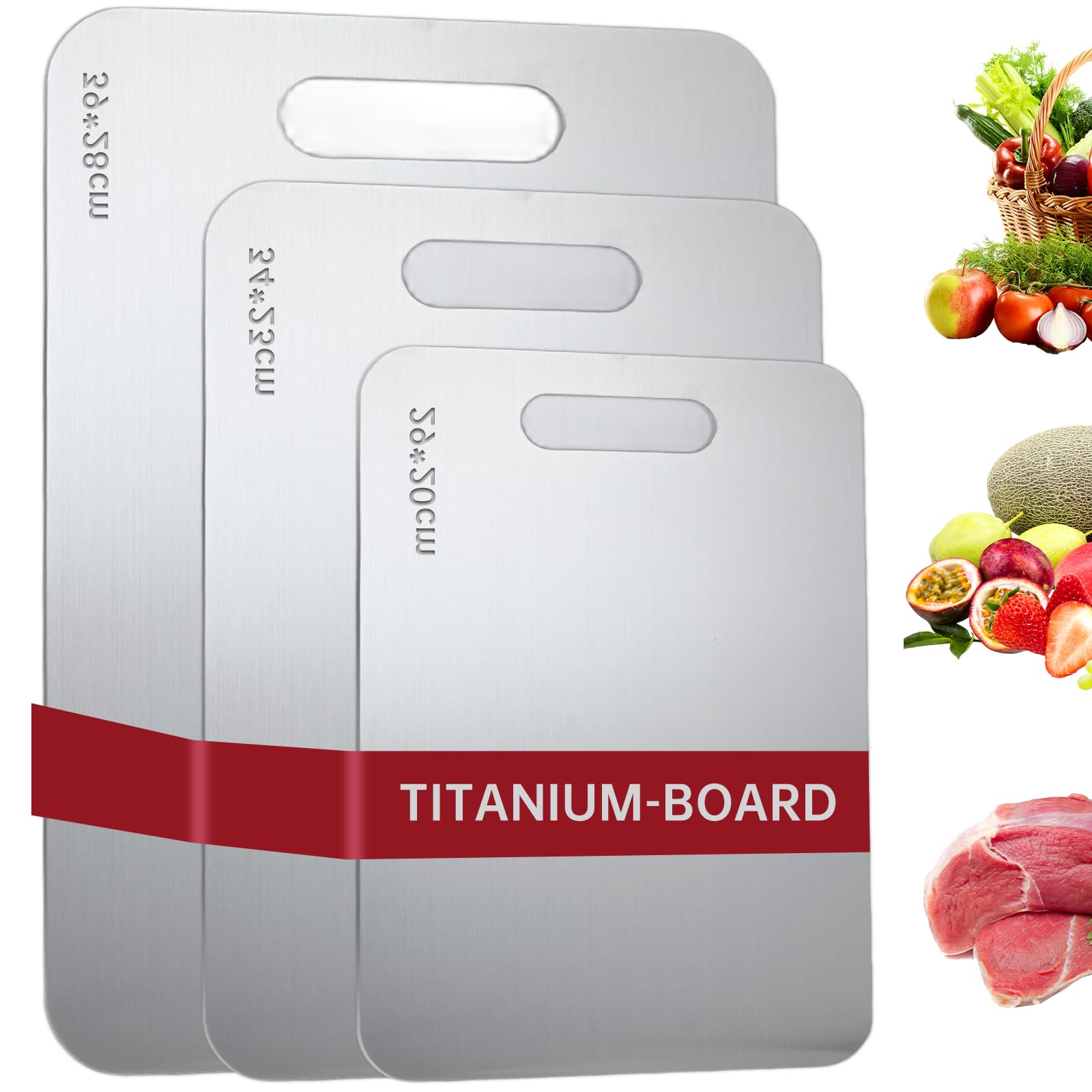 3 Piezas Tabla de Cortar de Acero Inoxidable, Grado Alimenticio de Doble Cara Tabla Cortar Titanio para Cocina, Multifunción Titanium Cutting Board para Carne,Verduras,Frutas