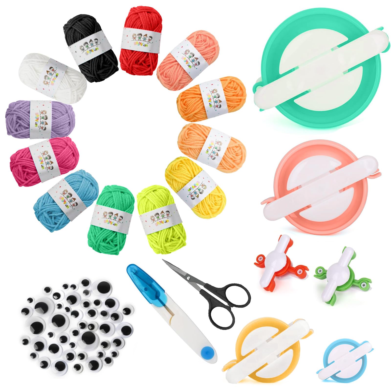 COGVOHY Pom Pom Maker Kit con 12 Colours Yarn Sewing, 2 Scissors, 6 Sizes Pompom Makers Tool & 5 Sizes Googly Eyes for DIY Fluff Balls（120 Set）