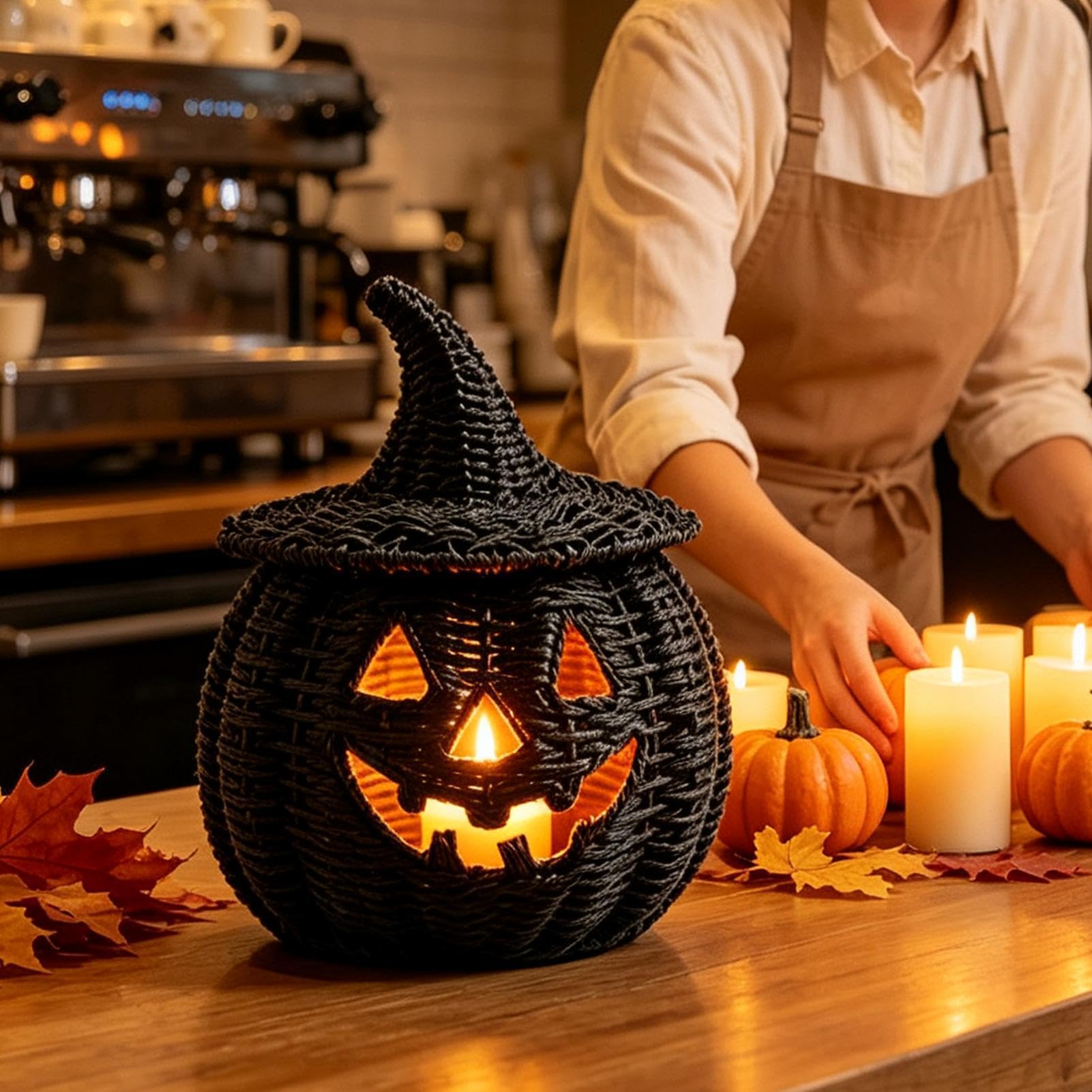 Czarny pleciony kosz dyniowy Halloweenowy pojemnik ze świeczką LED | Czarne pojemniki na słodycze Do Salonu W Farmhouse, Na Kominek, Stół, Werandę I Imprezy Świąteczne