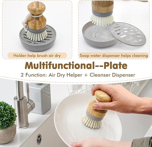 Miniatura 4 de Cepillo de palma de bambú con soporte, paquete de 2 cepillos de limpieza reemplazables de madera RIMAY para lavar platos, juego de utensilios de