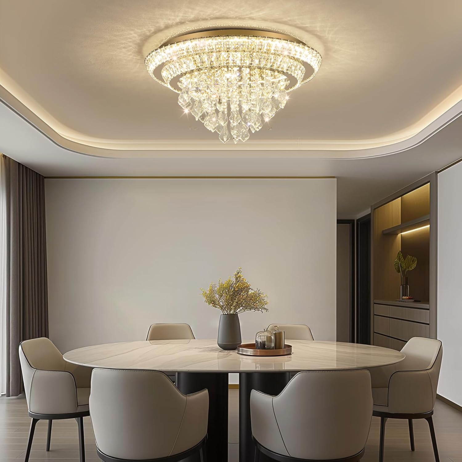 24" Gold Crystal LED Ceiling Light with Remote/APP,Flush Mount Chandelier with 3-Color Dimmable for Living Room Dining Room Hallway - Luxury Raindrop Style