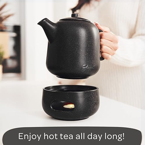 Miniatura 3 de Steinzeit Design - Tetera con calentador (44 onzas), tetera de cerámica prémium con infusor para té suelto, tetera negra de cerámica con vaporizador