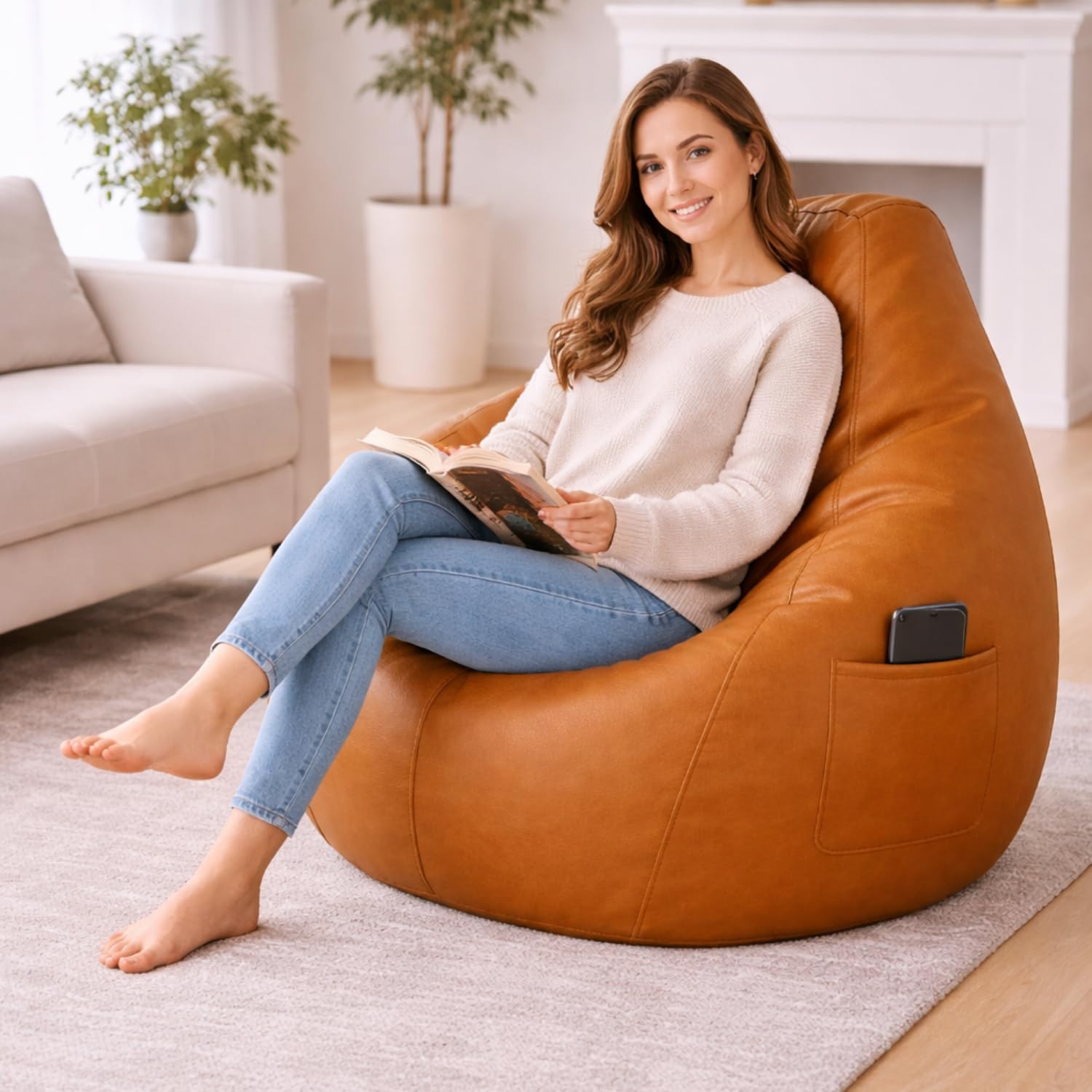 Bean Bag Chair | Ergonomic Gaming Seat, Premium Leatherette, Washable Cover, Durable Double Stitching | Perfect for Lounge & Bedroom Side Mobile Pocket Cover Only No Bean Filler (Tan, XL)-image-34